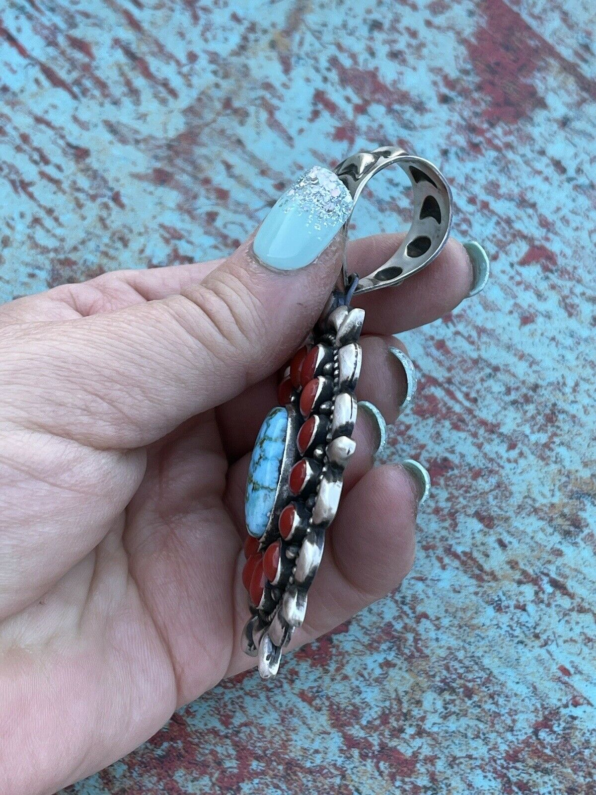Handcrafted Sterling Kingman Web Turquoise & Red Coral Taos Ornate Pendant D. Clark