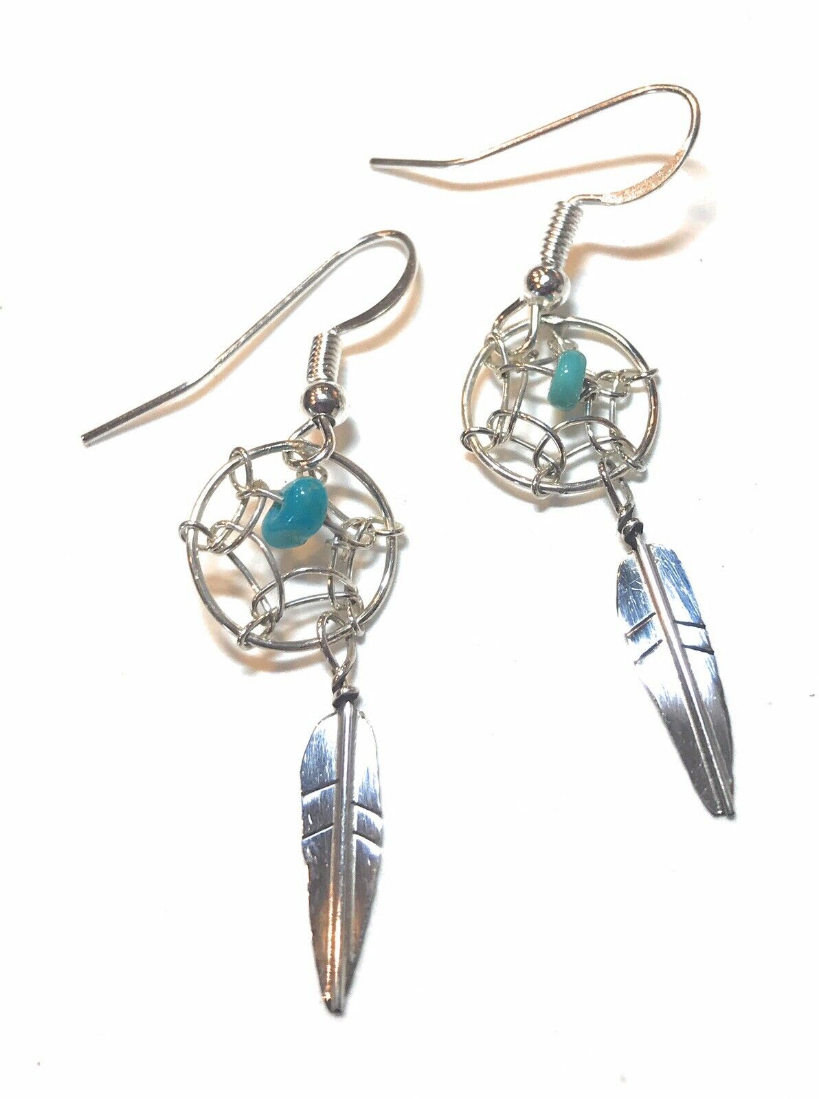 Handcrafted Sterling Silver Turquoise Dream Catcher, Dangle Earrings