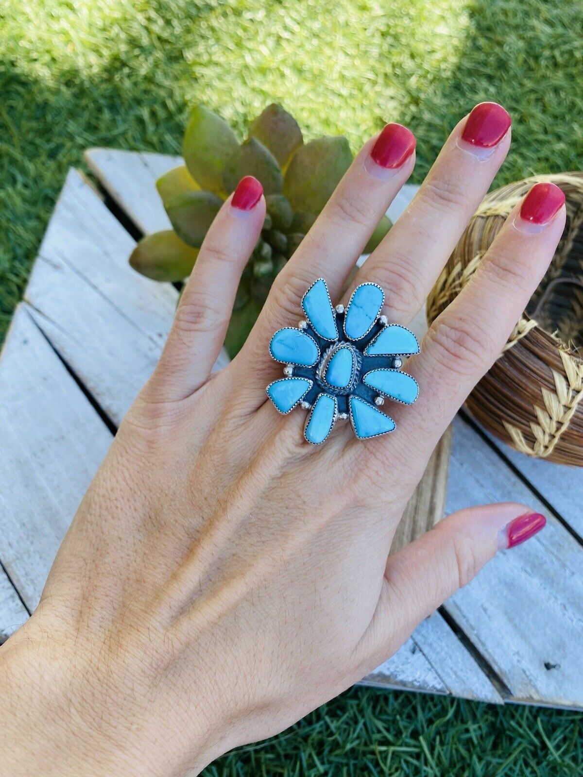 Handcrafted Turquoise & Sterling Silver Cluster Ring Size 7