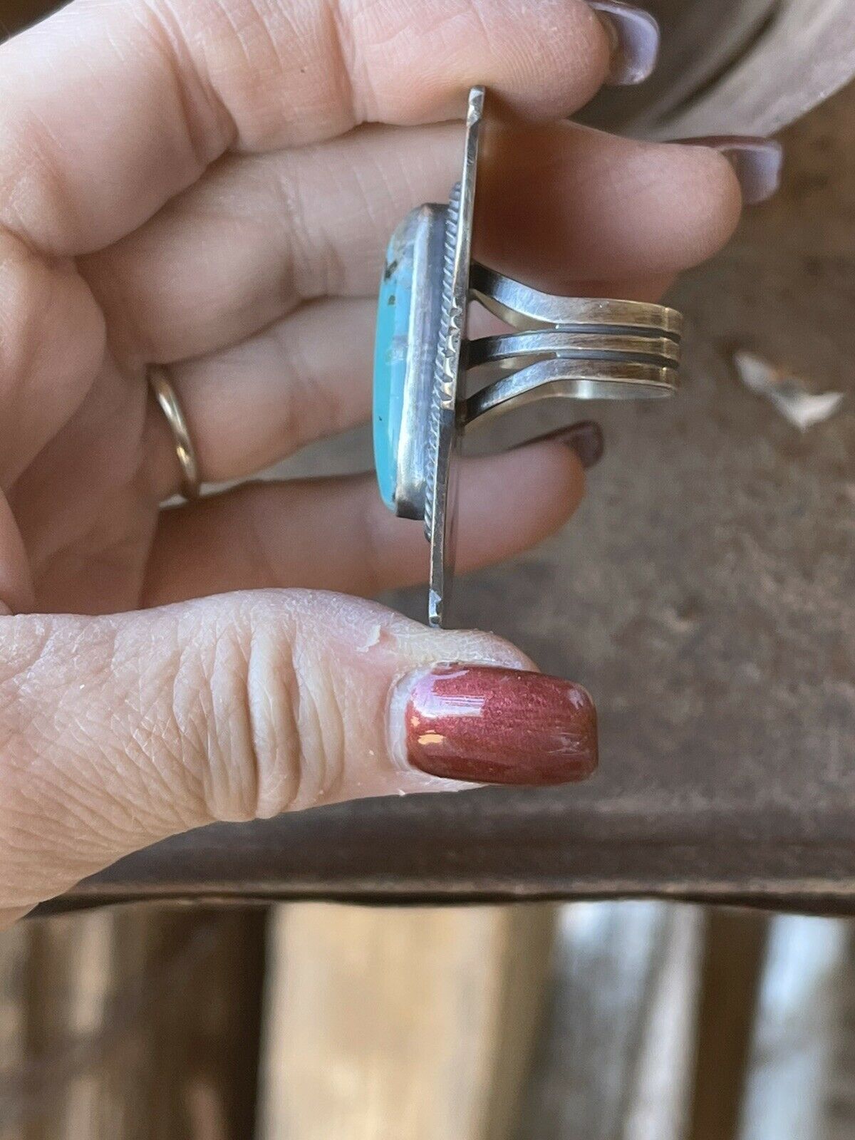 Handcrafted Turquoise & Sterling Silver Navajo Deco Ring Size 7.5