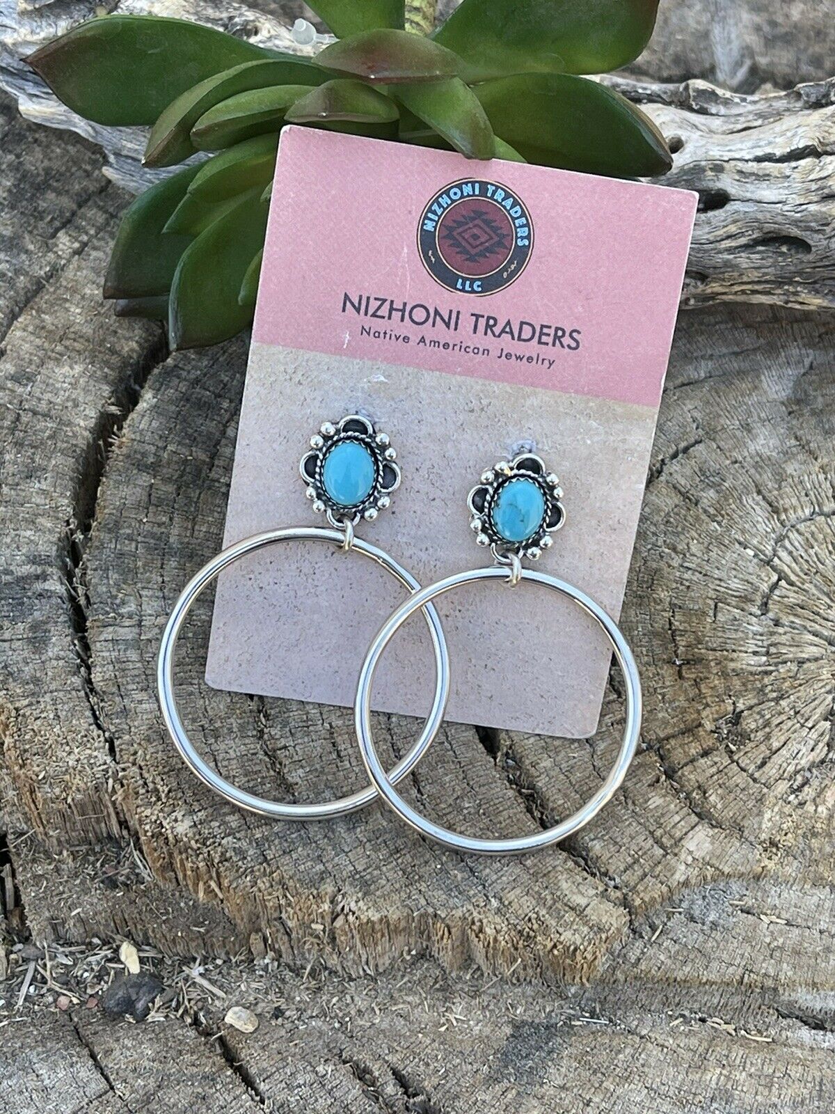 Handcrafted Turquoise & Sterling Silver Dangle Hoop Earrings