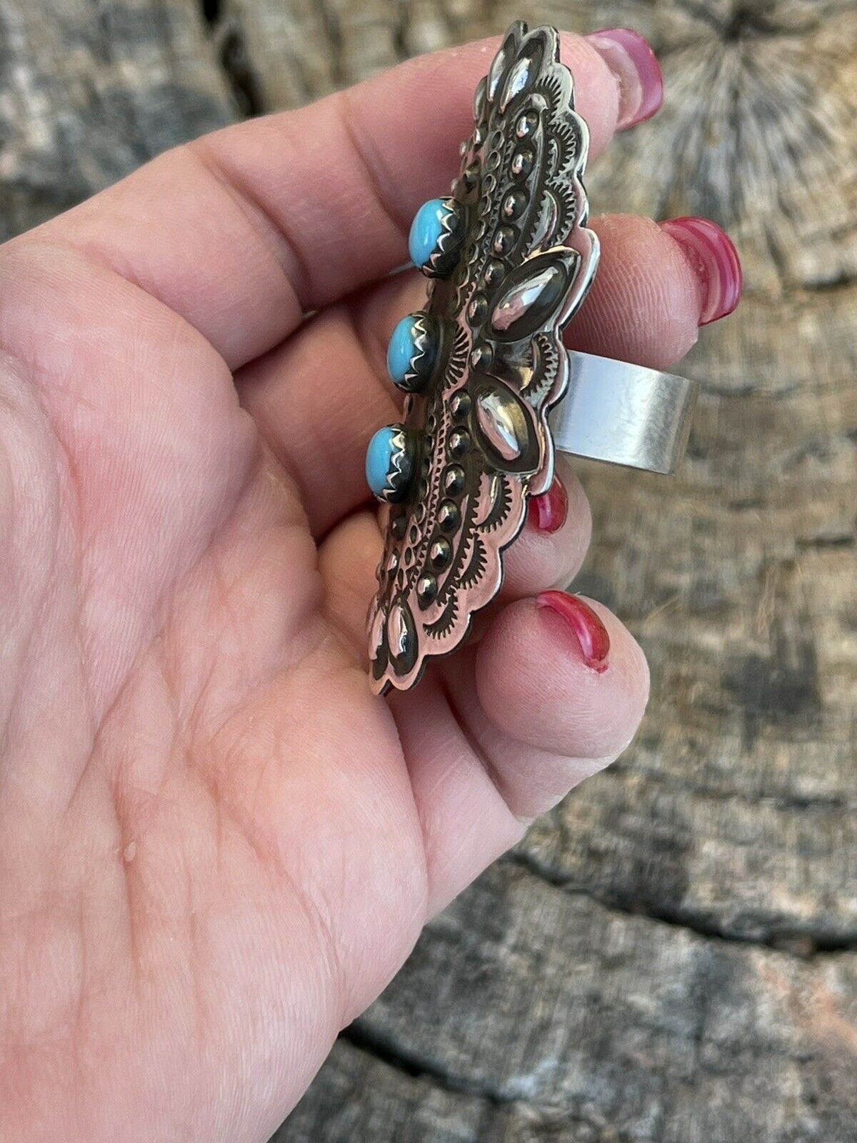 Handcrafted 3 Stone Turquoise & Sterling Silver Concho Ring Adjustable Signed L.Tahe