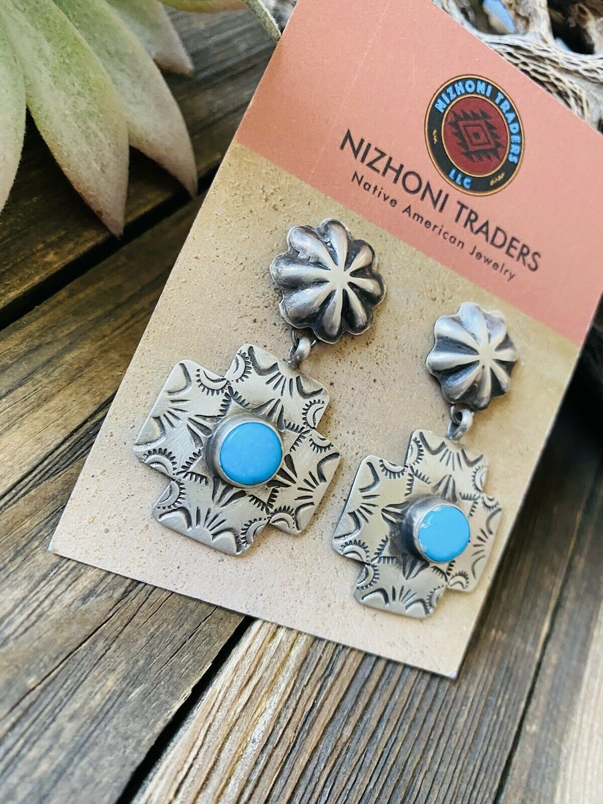 Handcrafted Turquoise & Sterling Silver Concho Cross Dangle Earrings