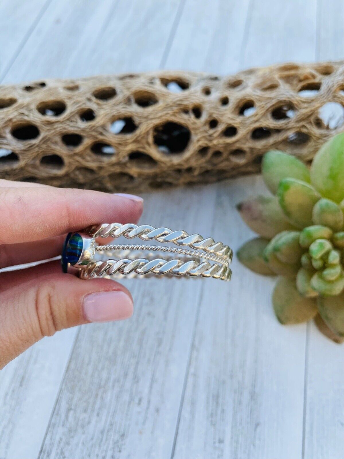 Unique Handcrafted Sterling Silver & Rainbow 3 stone Cuff Bracelet