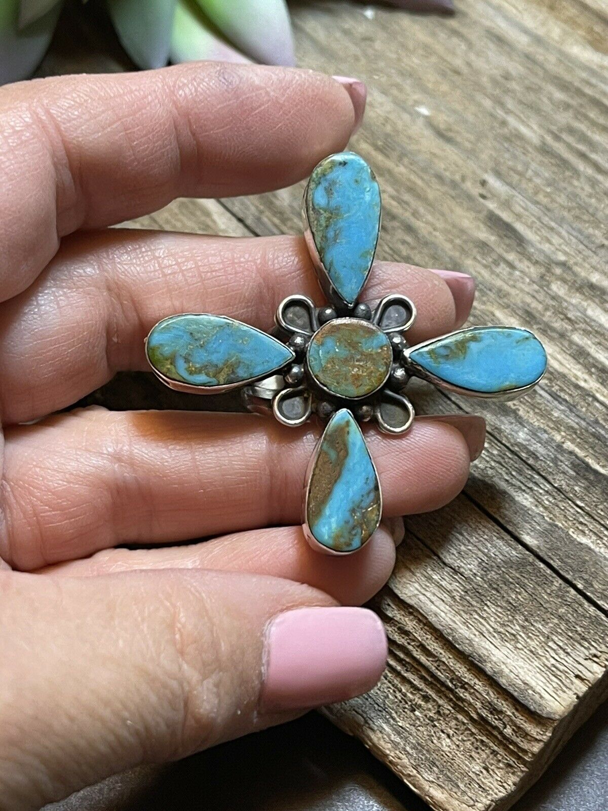 Handcrafted Sterling Silver & Royston Turquoise Scroll Petal Ring Size 7 Signed