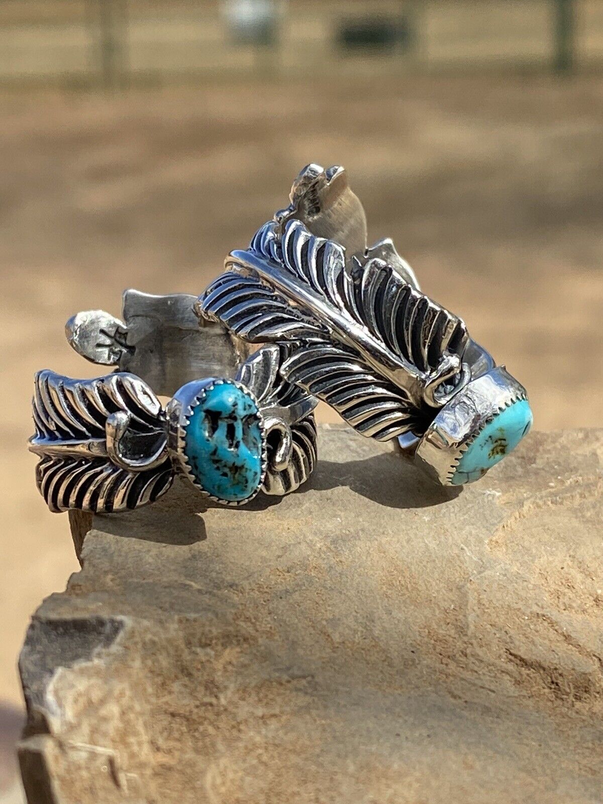 Handcrafted Feather Turquoise And Sterling Silver Adjustable Ring
