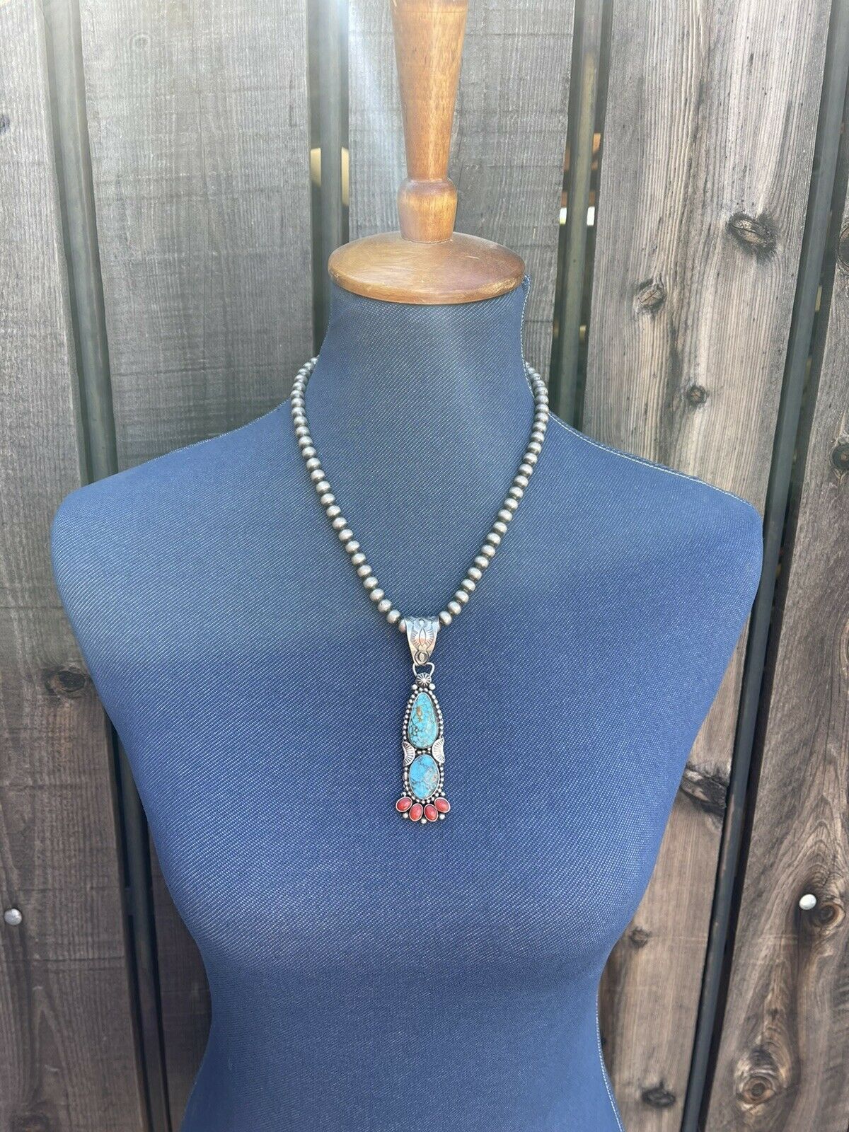 Handcrafted Sterling Kingman Web Turquoise & Red Coral Taos Pendant Danny Clark