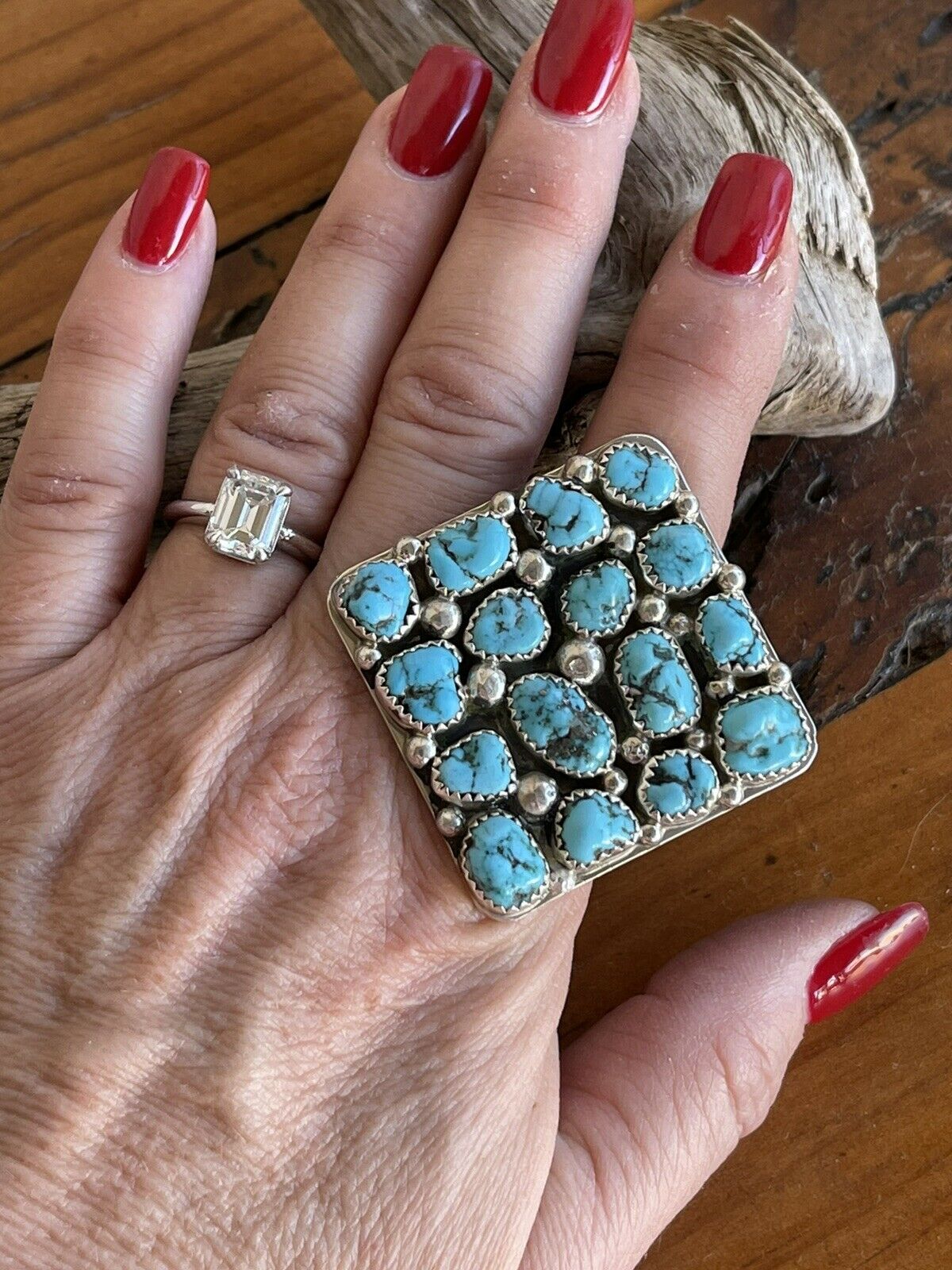 Handcrafted Sterling Silver Square Platform Kingman Turquoise Wide Band Ring Sz 9