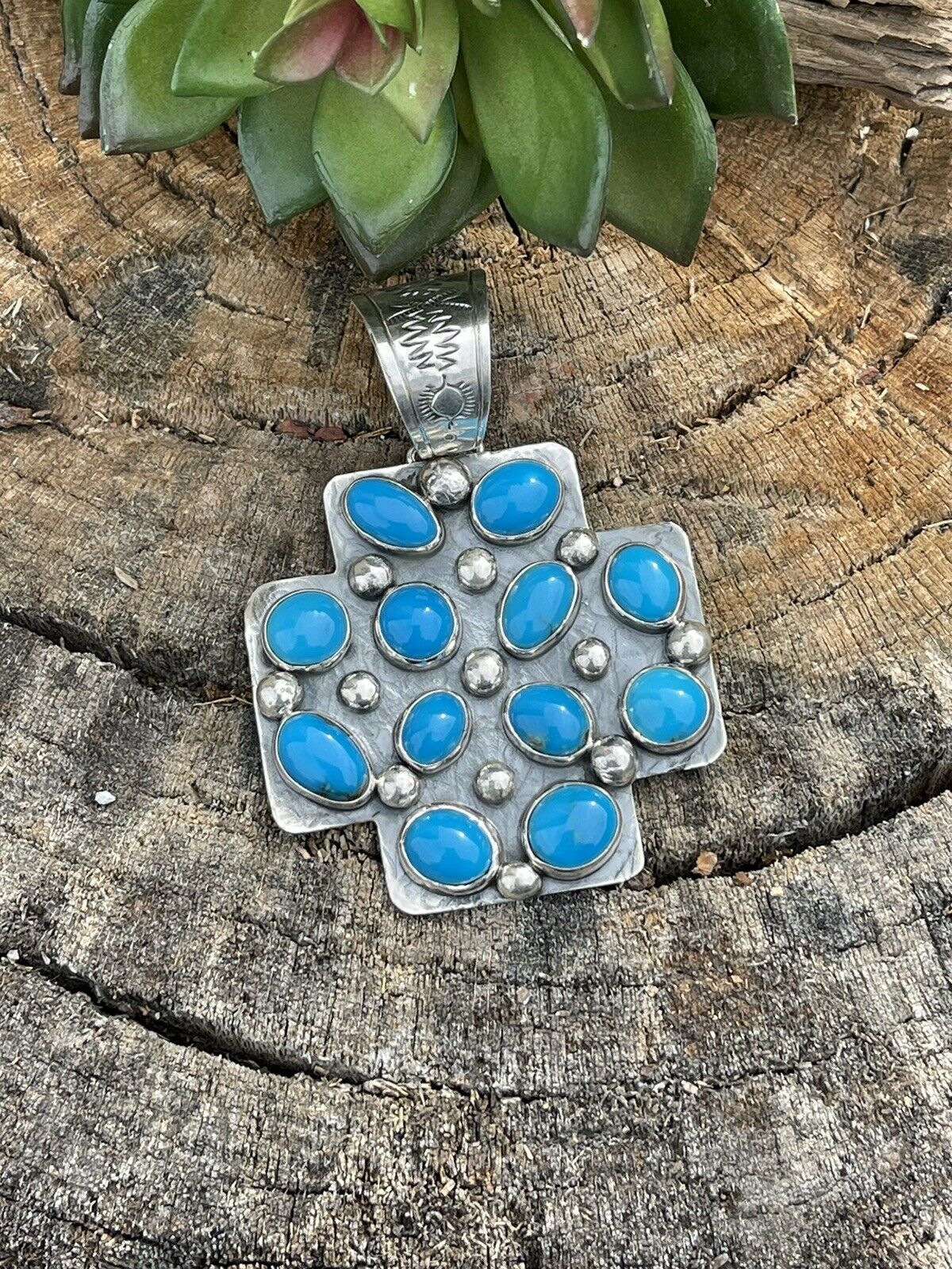 Handcrafted Mountain Blue Turquoise & Sterling Silver Southwest Cross Pendant Signed