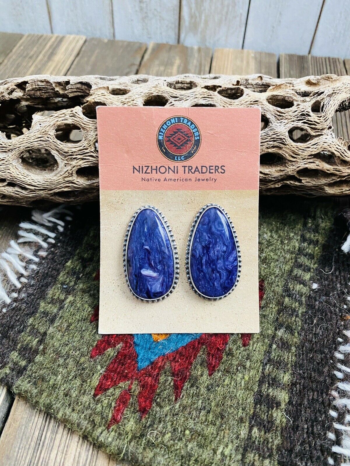 Handcrafted Charoite And Sterling Silver Post Earrings Signed