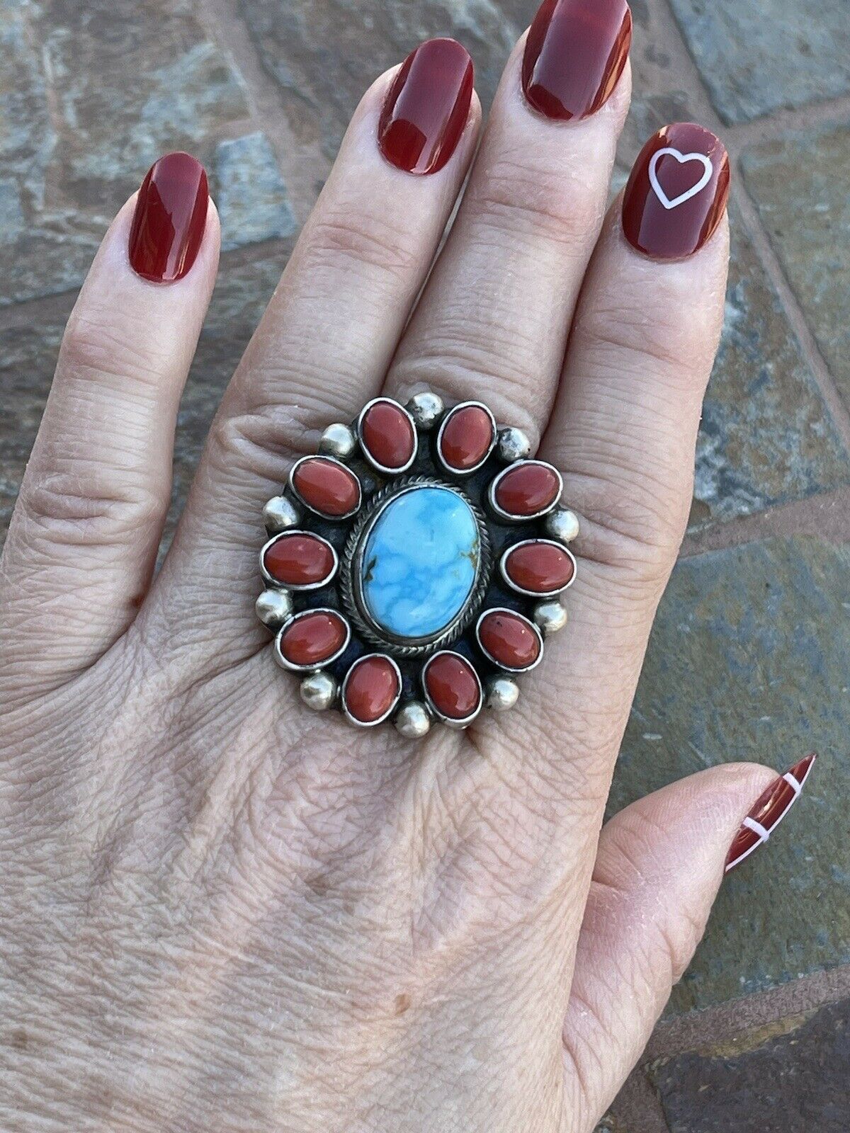 Handcrafted Sterling Silver Kingman Web Turquoise & Red Coral Taos Ring Sz 5.5