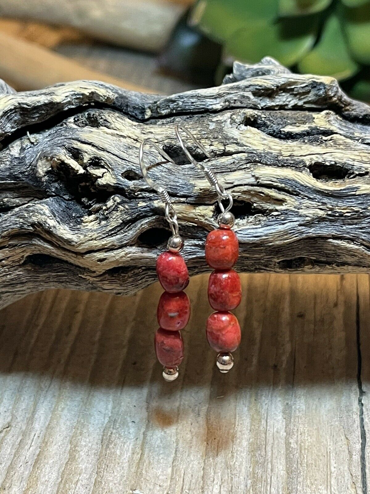 Handcrafted Sterling Silver 3 Stone Apple Coral Dangle Earrings