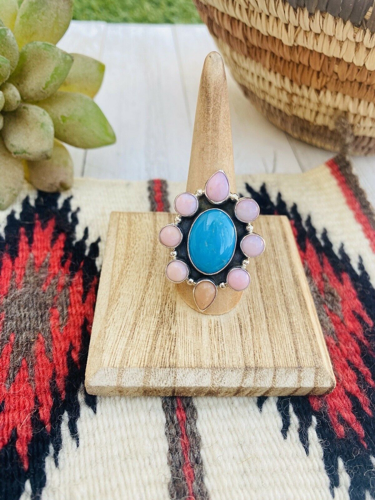 Handcrafted Rhodochrosite, Turquoise & Sterling Silver Cluster Ring Size 8.5