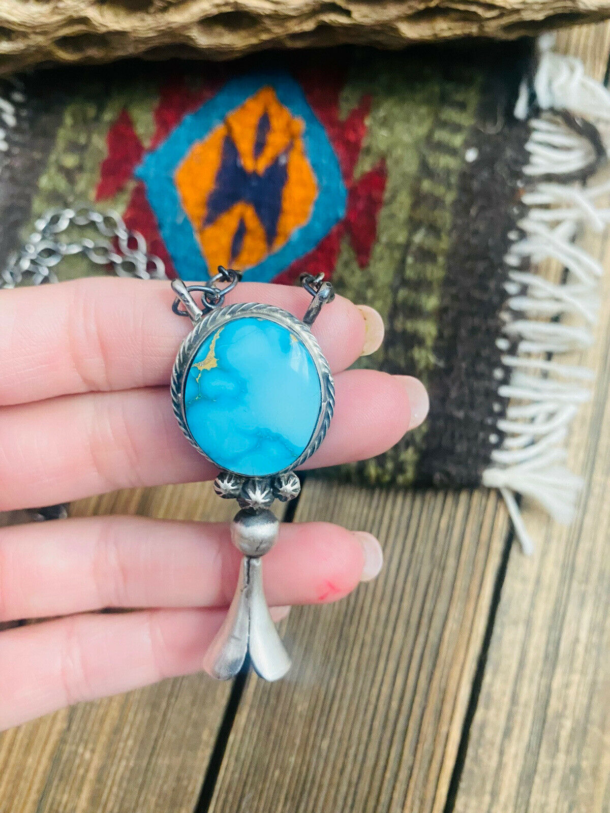 Handcrafted Sterling Silver & Kingman Turquoise Blossom Necklace Signed