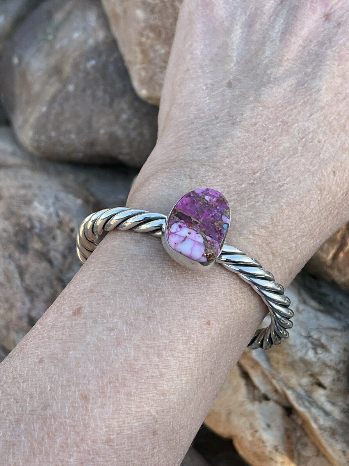 Handcrafted Pink Dream Mojave Sterling Silver Solid Twist Cuff