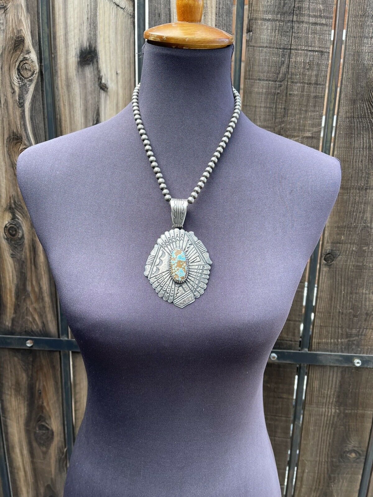 Handcrafted Number 8 Turquoise & Sterling Tufa Cast Jumbo Pendant Signed