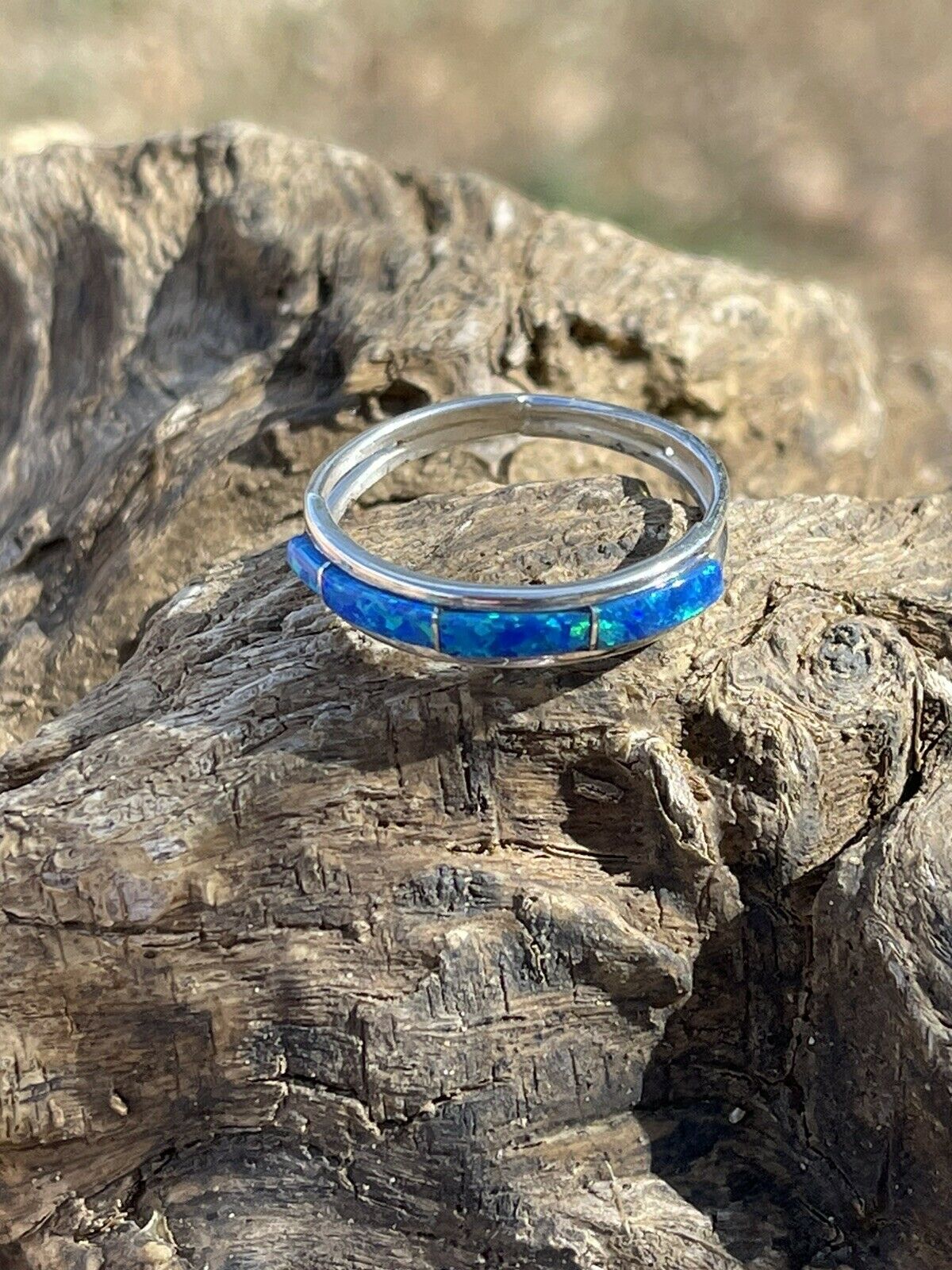 Handcrafted Sterling Silver Bright Blue Opal Stacker Ring