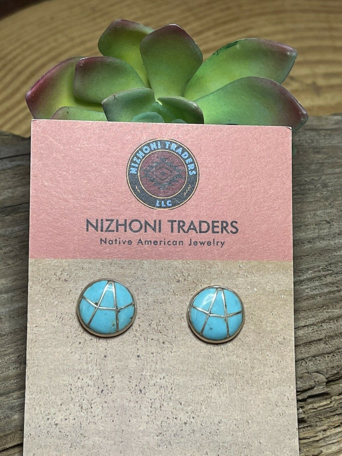 Handcrafted Sterling Silver & Turquoise Inlay Circle Post Earrings Signed K