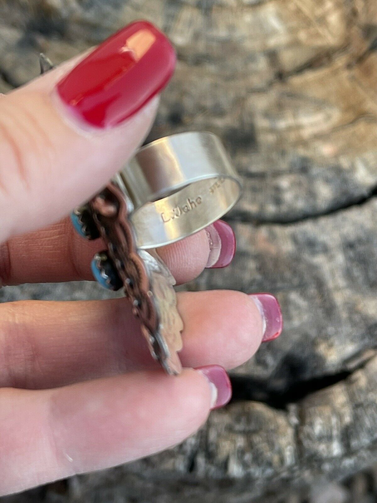 Handcrafted 3 Stone Turquoise & Sterling Silver Concho Ring Adjustable Signed L.Tahe