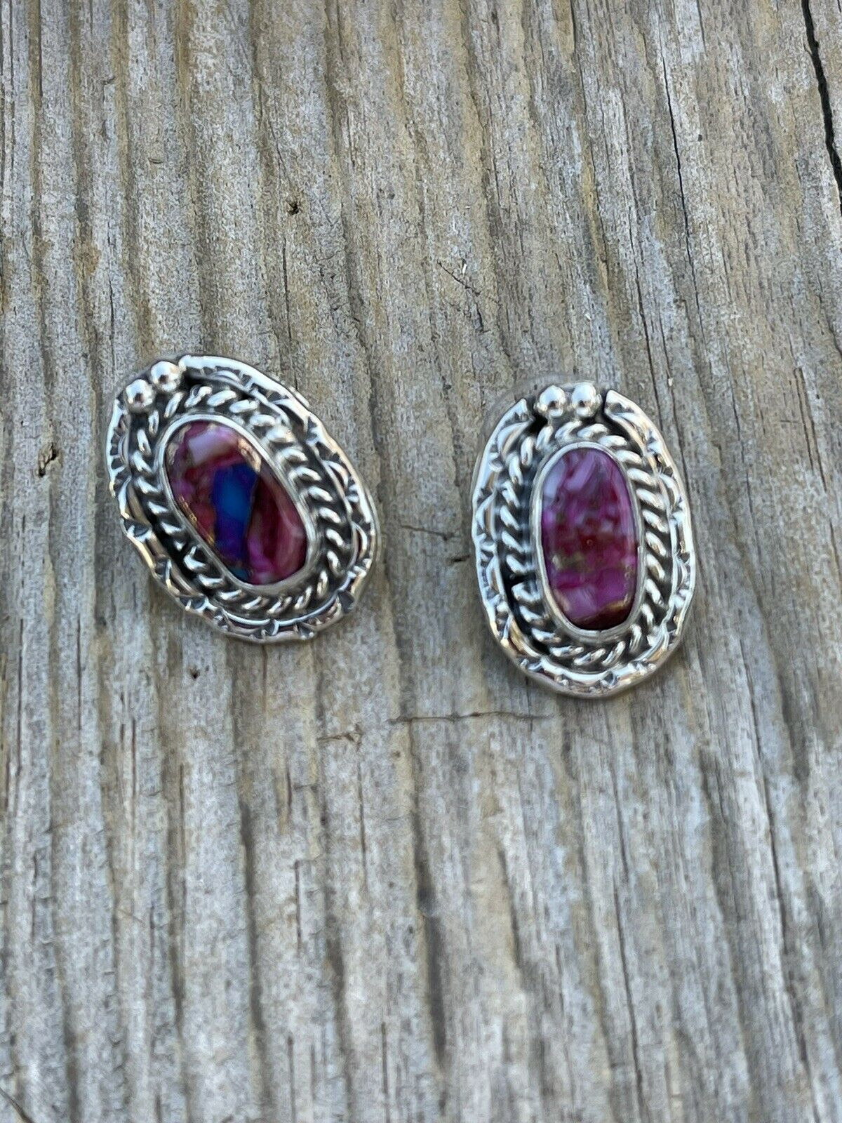 Handcrafted Pink Dream Mojave & Sterling Silver oval Stud Earrings