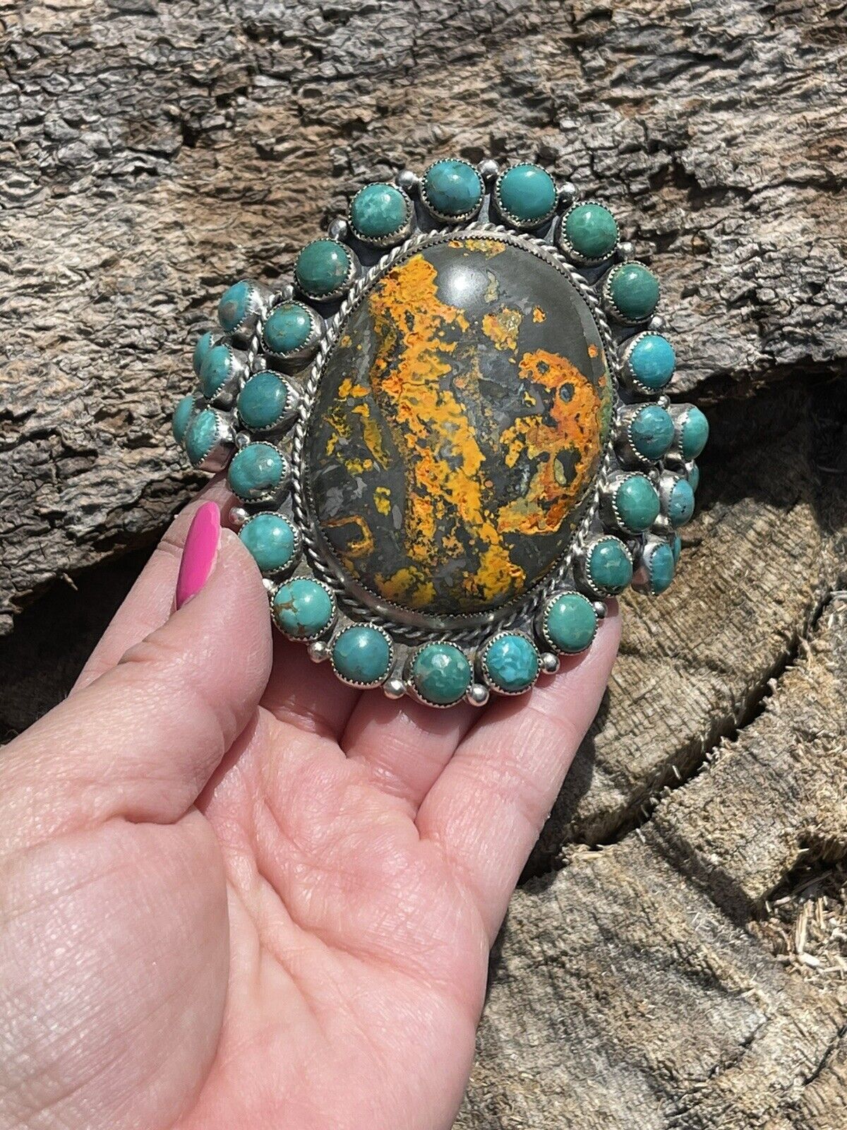 Navajo Sterling Silver Bumblebee & Turquoise Cluster Cuff Bracelet /