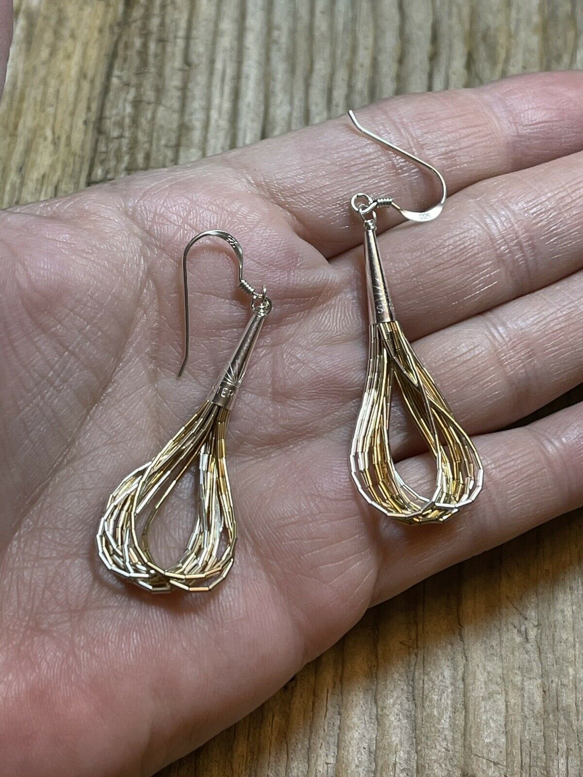 Handcrafted Delicate Sterling Liquid Silver Two Tone Dangle Earrings