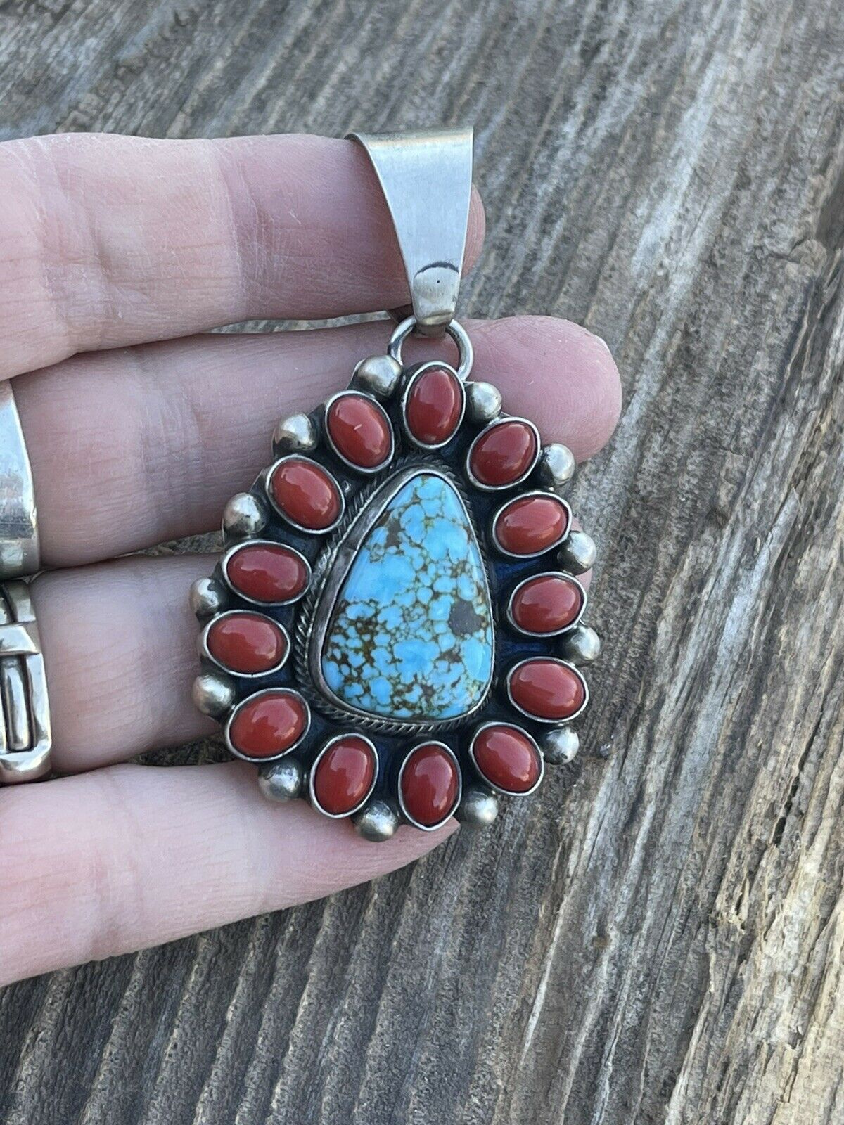 Handcrafted Sterling Kingman Web Turquoise & Red Coral Taos Pendant Kathleen Chavez