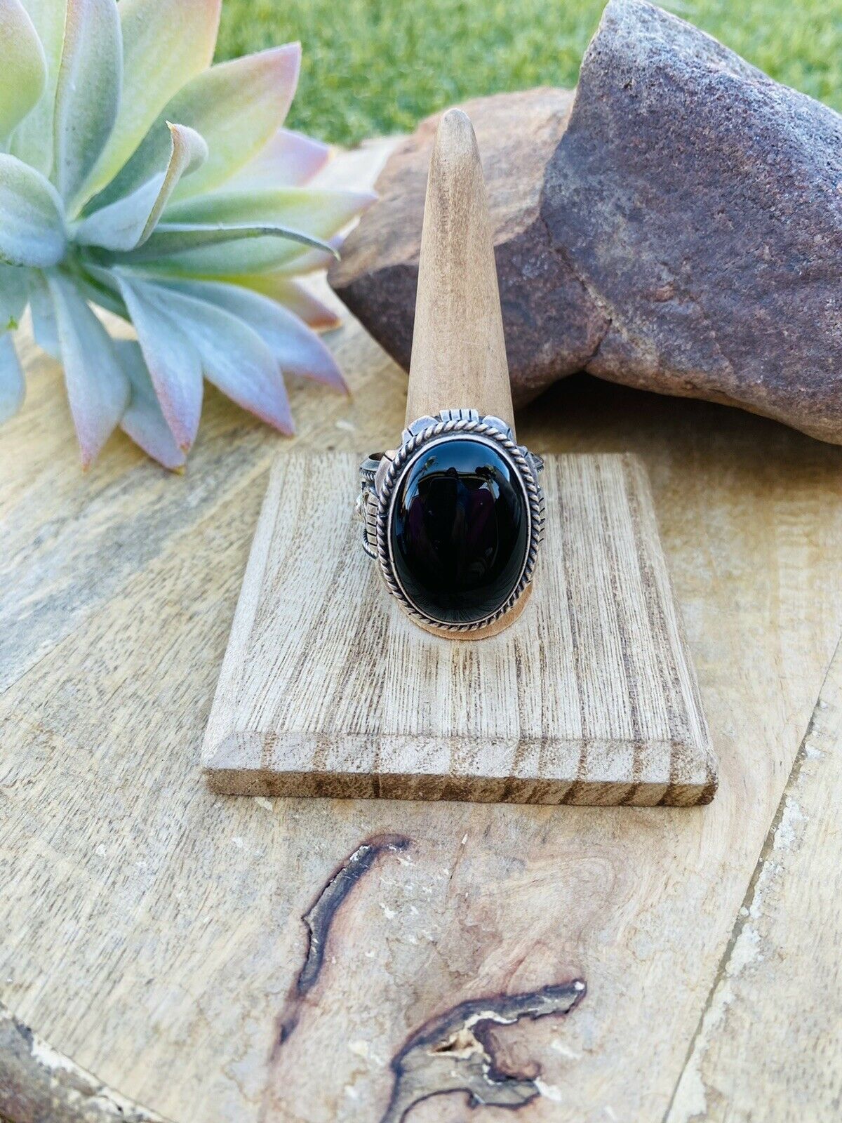 Handcrafted Sterling Silver & Black Onyx Ring Size 13.5 Signed