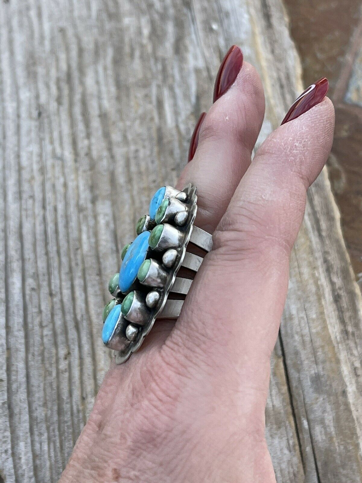 Handcrafted Sterling Sonoran Gold And Golden Hills Turquoise Cluster Ring Size 8.5