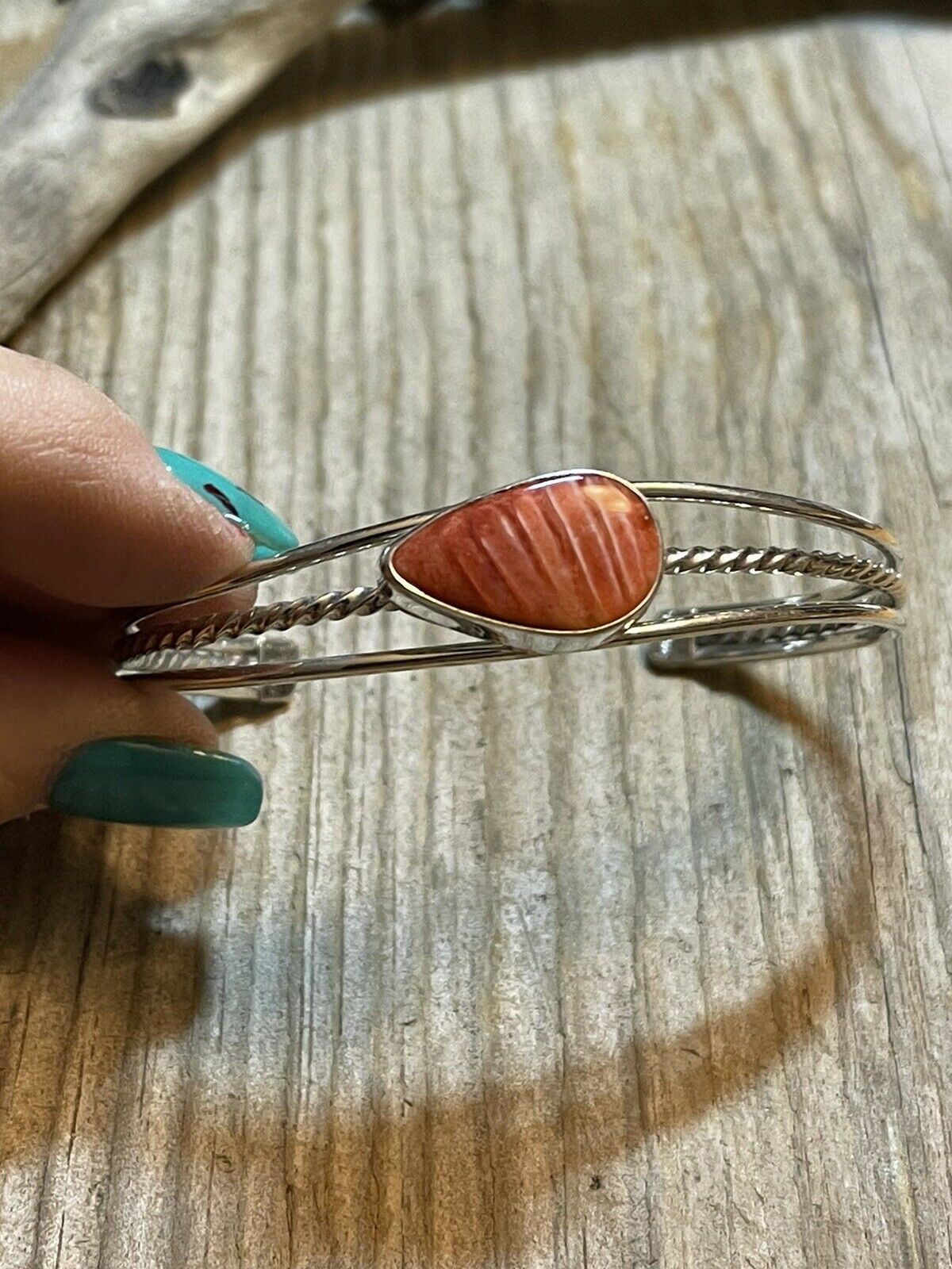Handcrafted Teardrop Orange Spiny Sterling Silver Bracelet Rope Style Cuff