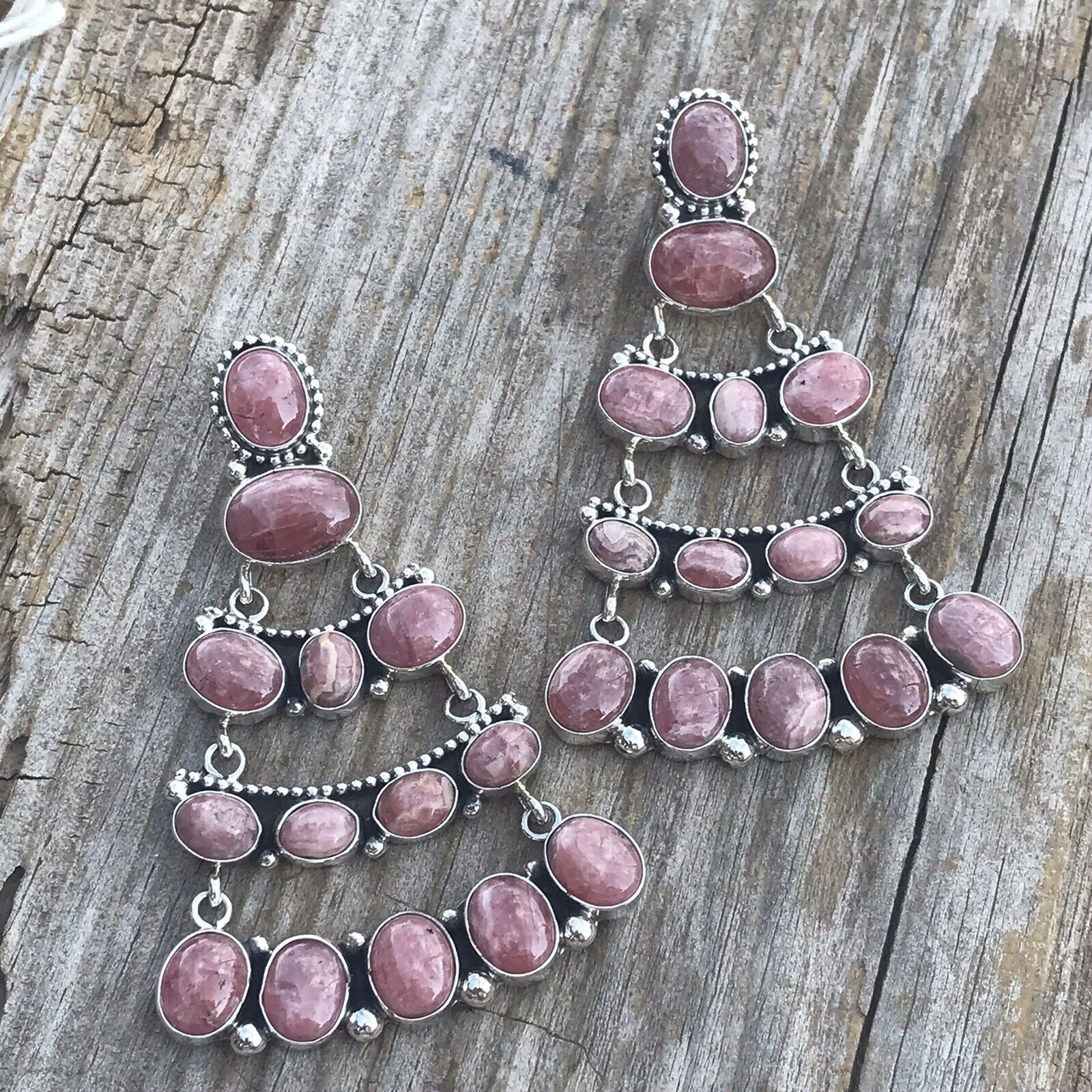 Sterling Silver Rhodochrosite Stone Dangle Earrings Artist E. Spencer