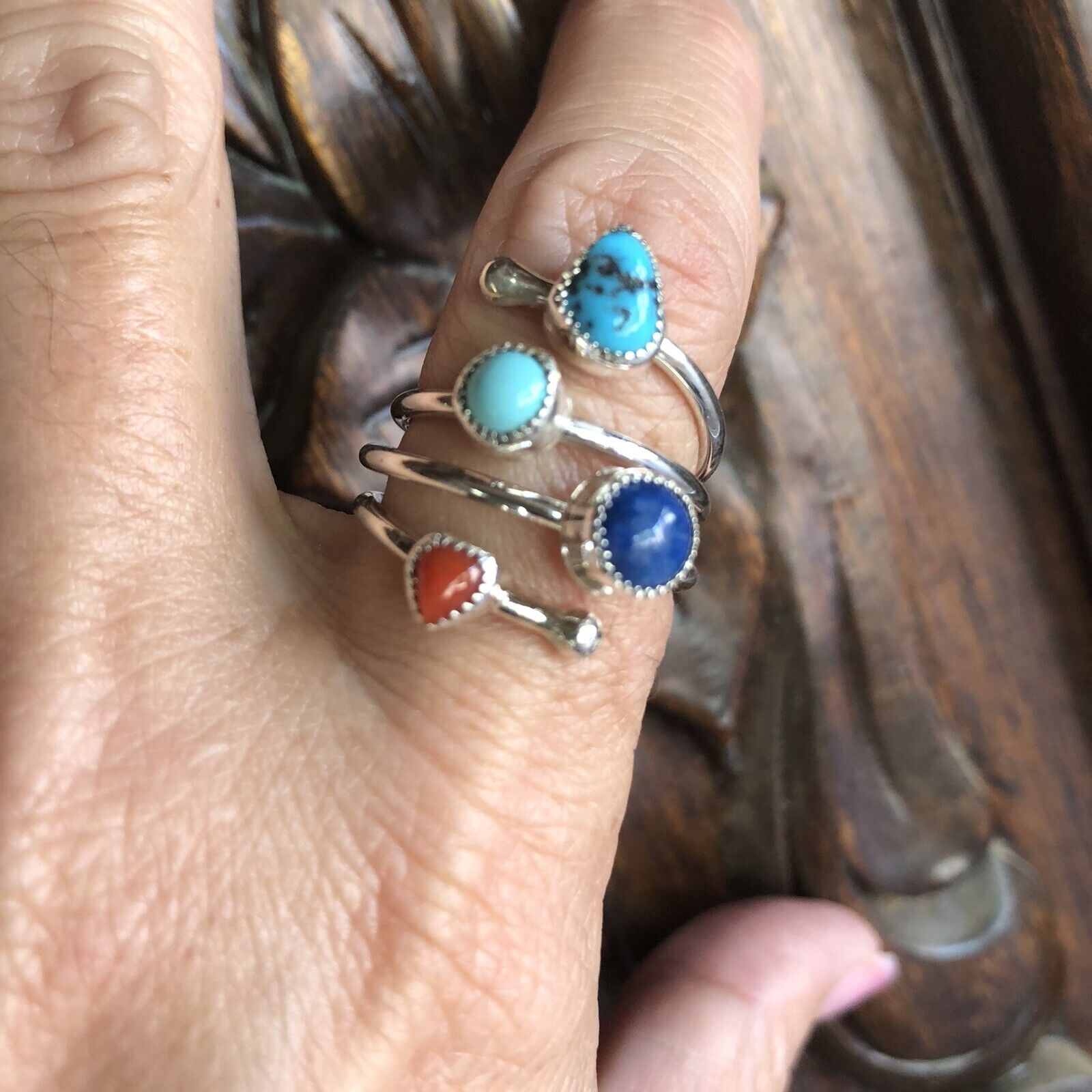 Handcrafted Turquoise, Lapis and Coral Sterling Silver ring