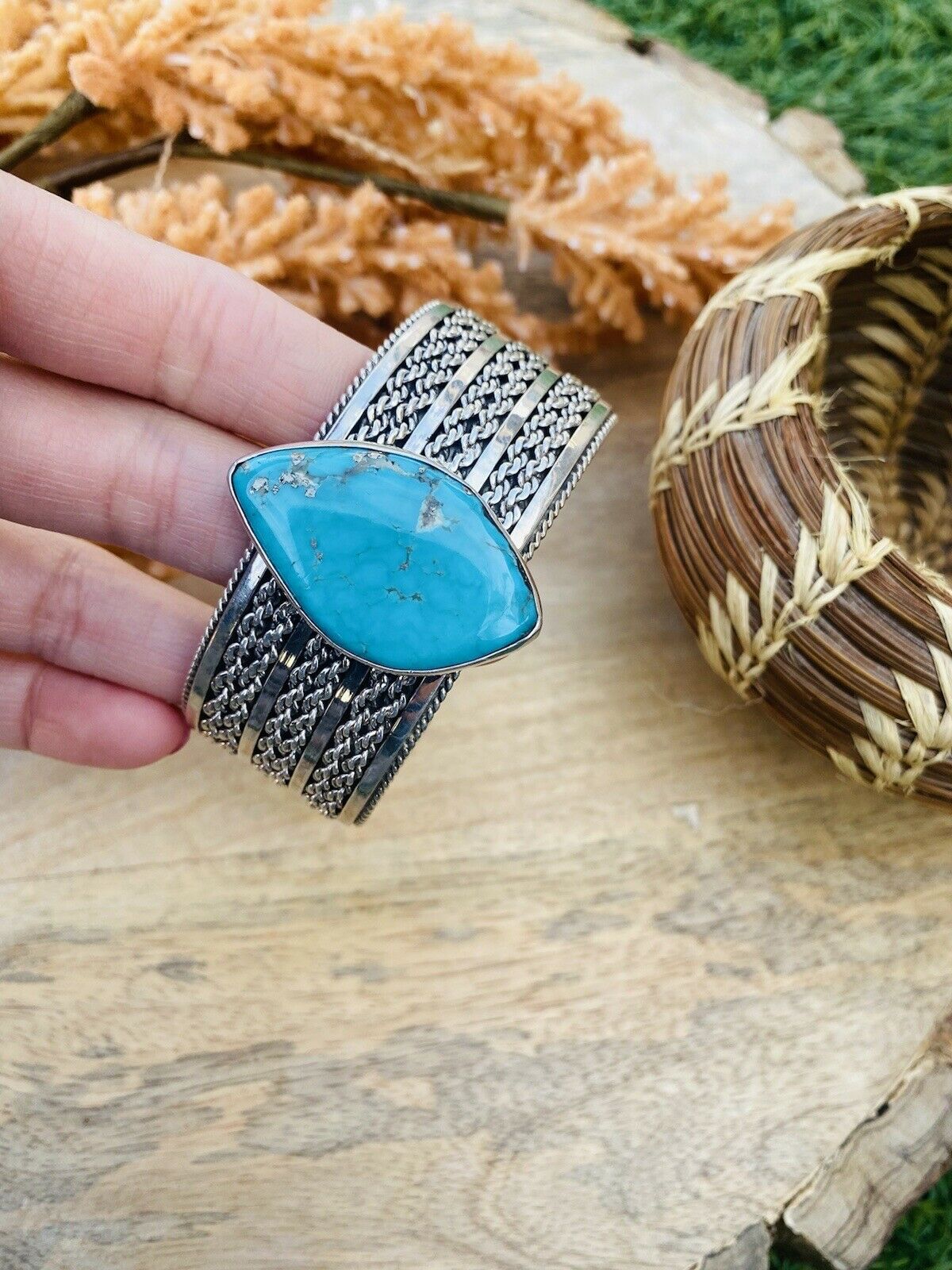 Handcrafted & Hand Stamped Sterling Silver & Royston Turquoise Cuff Bracelet Signed