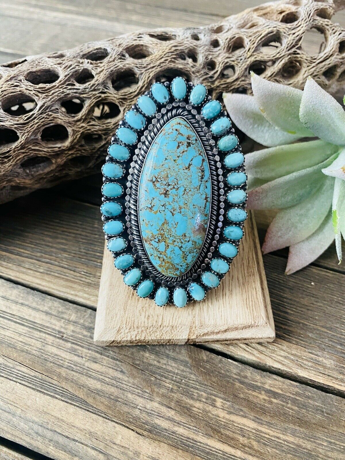 Handcrafted Number 8 Turquoise & Sterling Silver Statement Ring Size 10 Signed