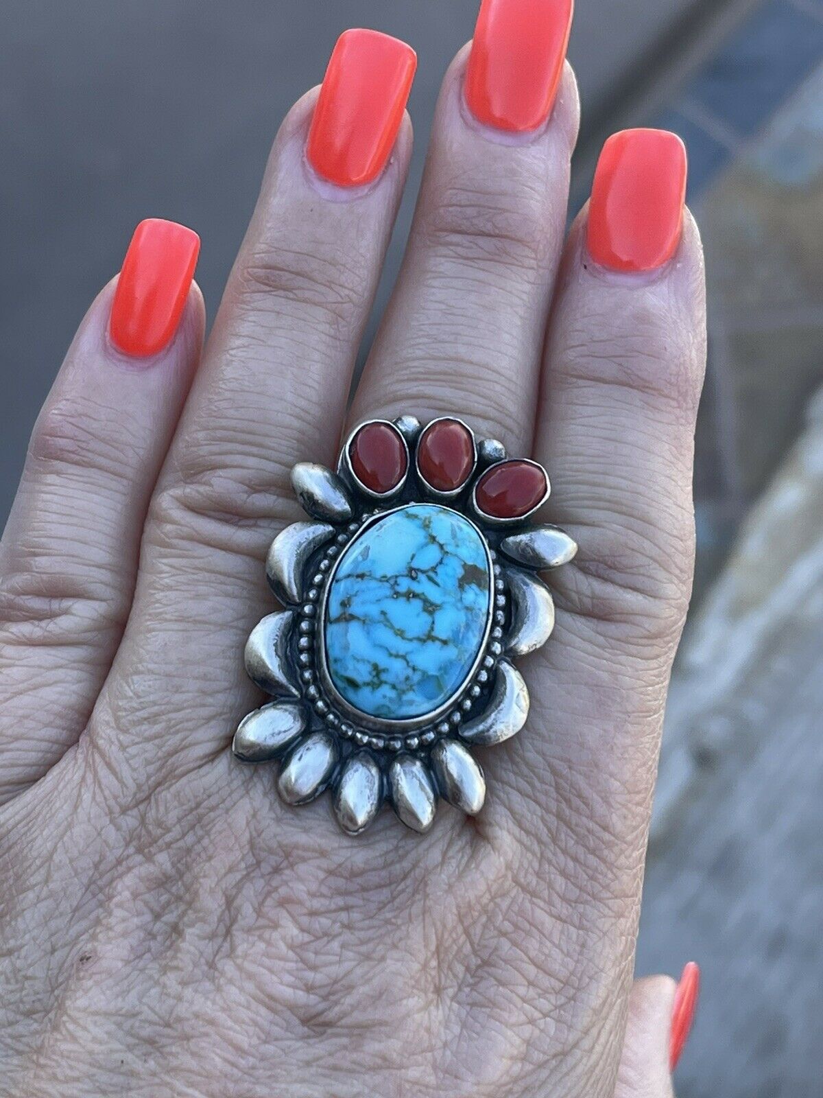 Navajo Sterling Kingman Web Turquoise & Red Coral Taos Collection Ring by Danny Clark, Sz 6.5