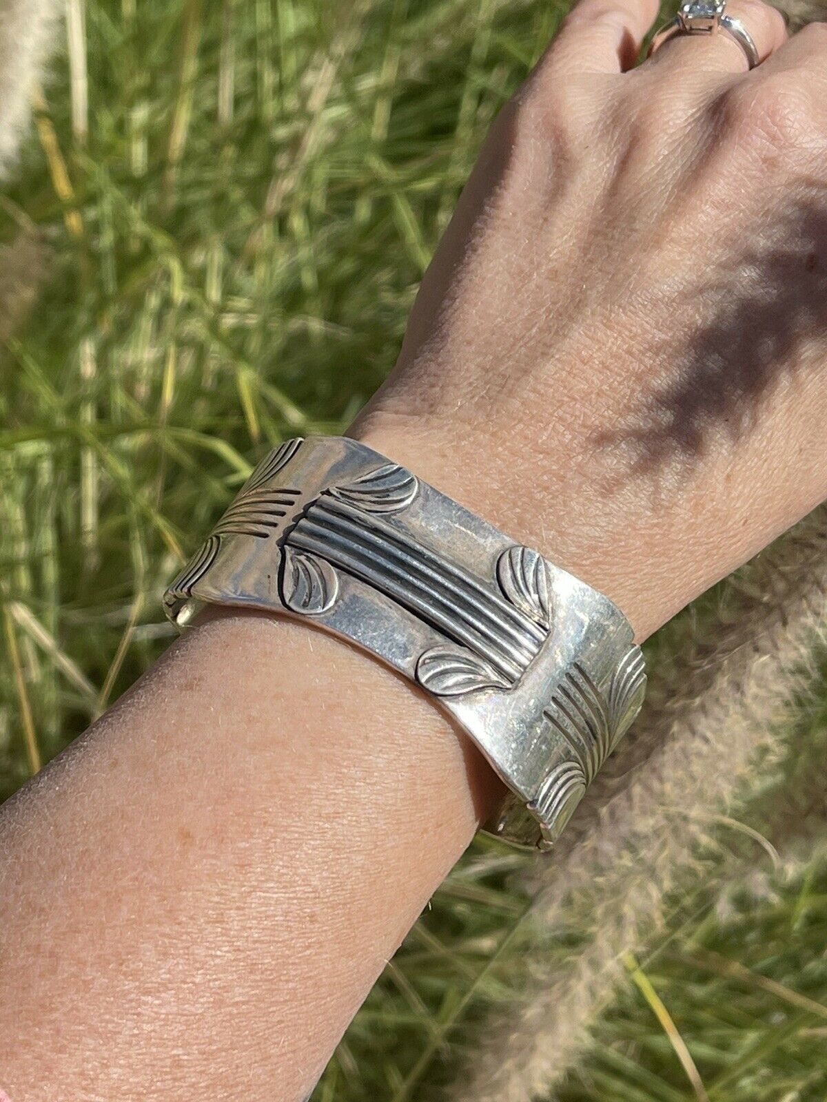 Handcrafted Vintage Sterling Silver Sleek Lined Cuff Bracelet by Steve Yellowhorse