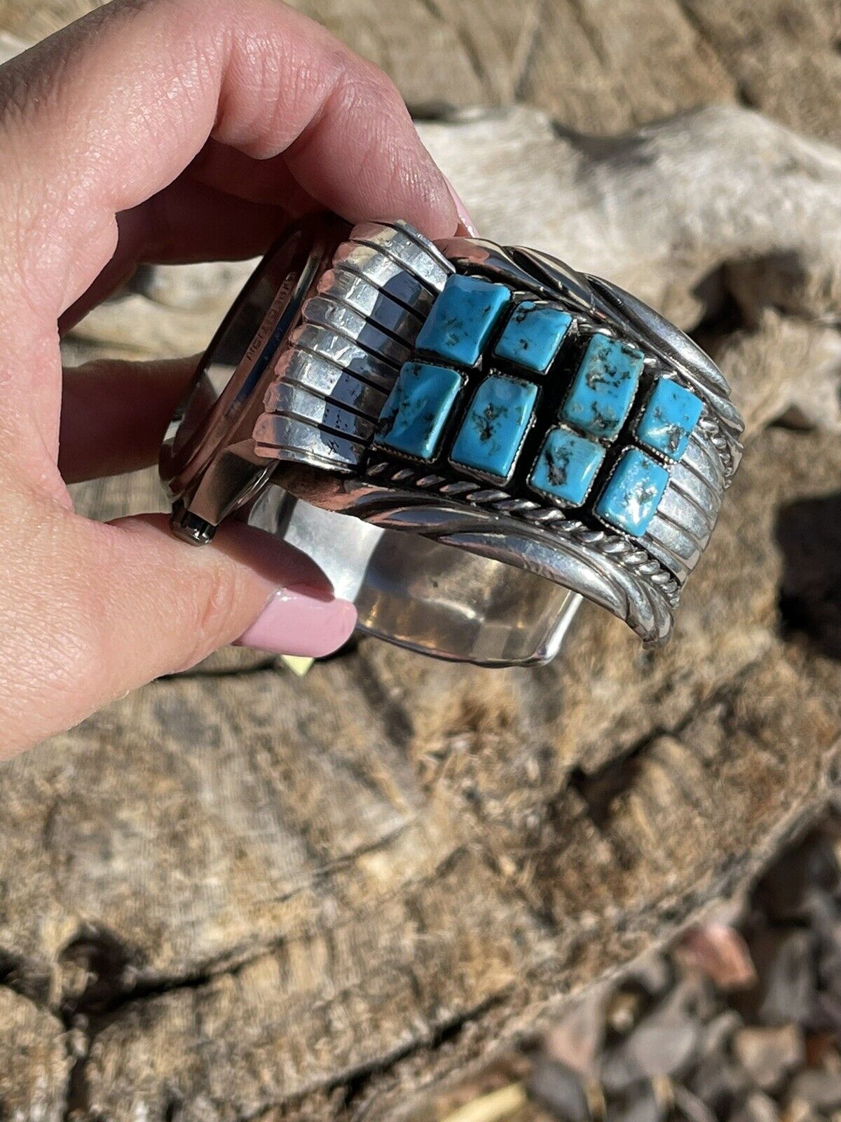 Vintage Navajo Sterling Silver & Kingman Turquoise Non Working Watch Bracelet