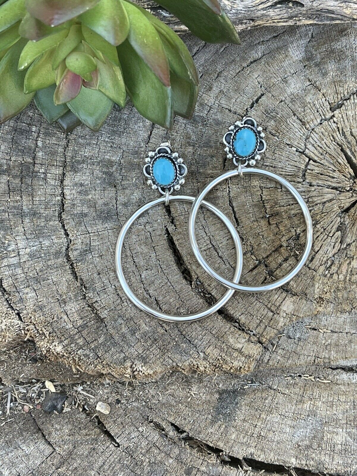 Handcrafted Turquoise & Sterling Silver Dangle Hoop Earrings