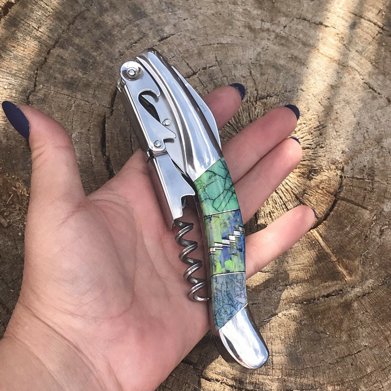 Fire Opal Inlay Stainless Steel Southwestern Style Multi Tool Wine Opener