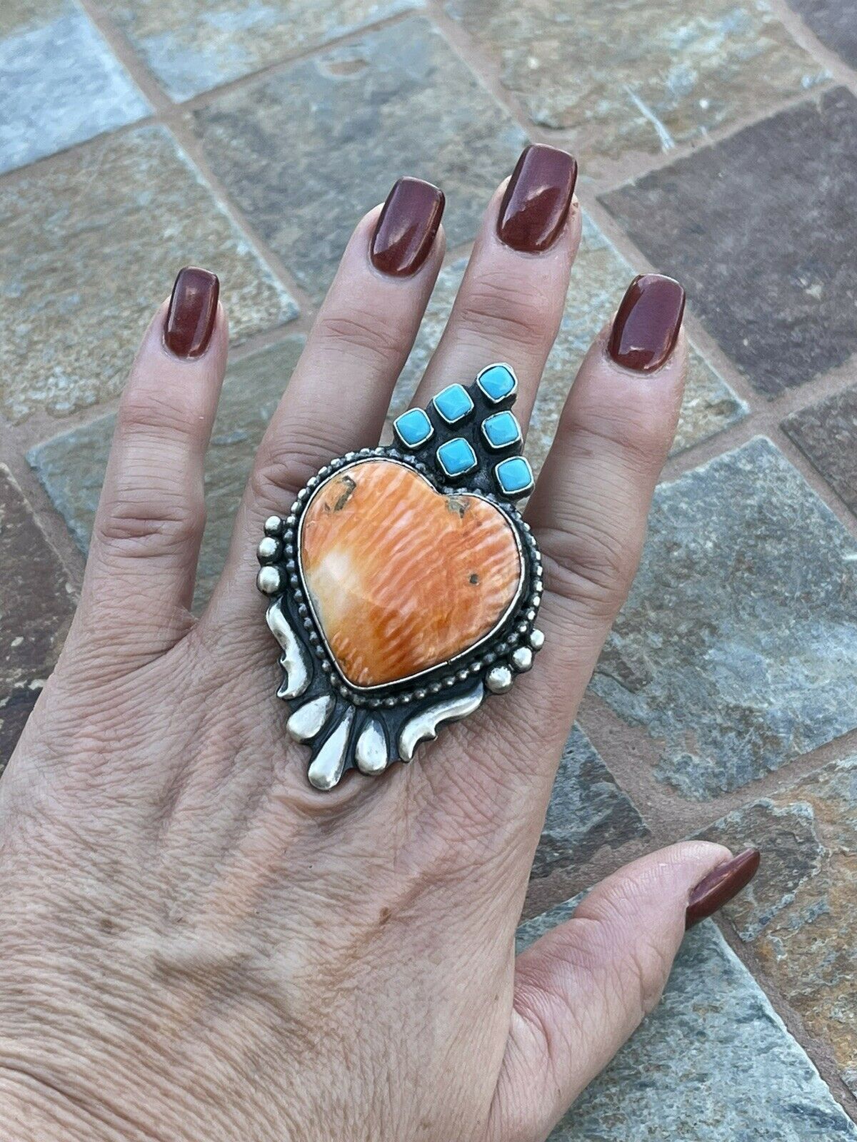 Handcrafted Sterling Silver Orange Spiny Heart & Turquoise Ring Sz 8