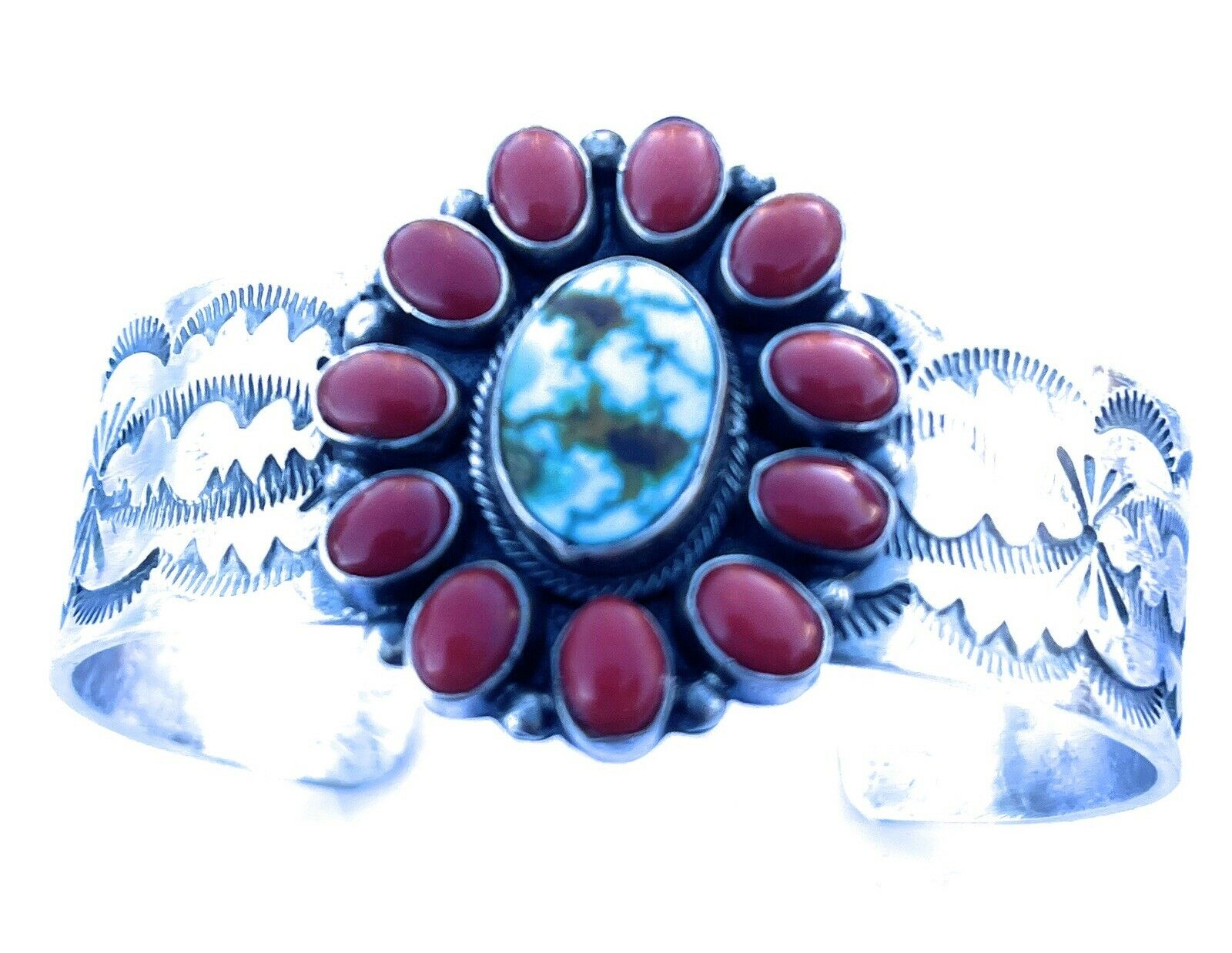 Handcrafted Sterling Kingman Web Turquoise & Red Coral Taos Bracelet Cuff by Bobby Johnson /