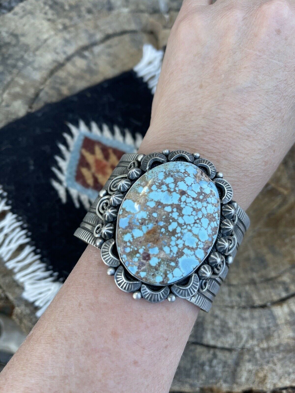 Handcrafted Sterling Silver & Number 8 Turquoise Signed Cuff Signed