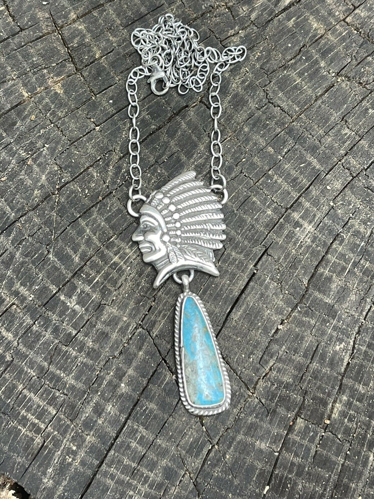 Handcrafted Sterling Silver Indian Chief Royston Turquoise Drop Necklace