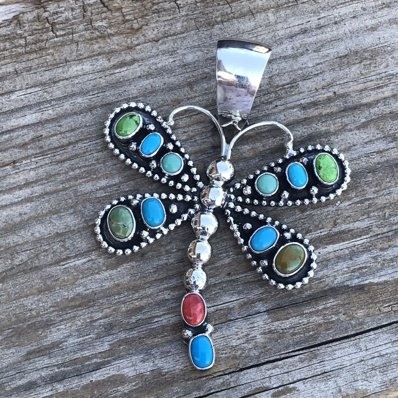 Beautiful Navajo Sterling Silver Multi Stone Dragonfly Pendant Paul Livingston