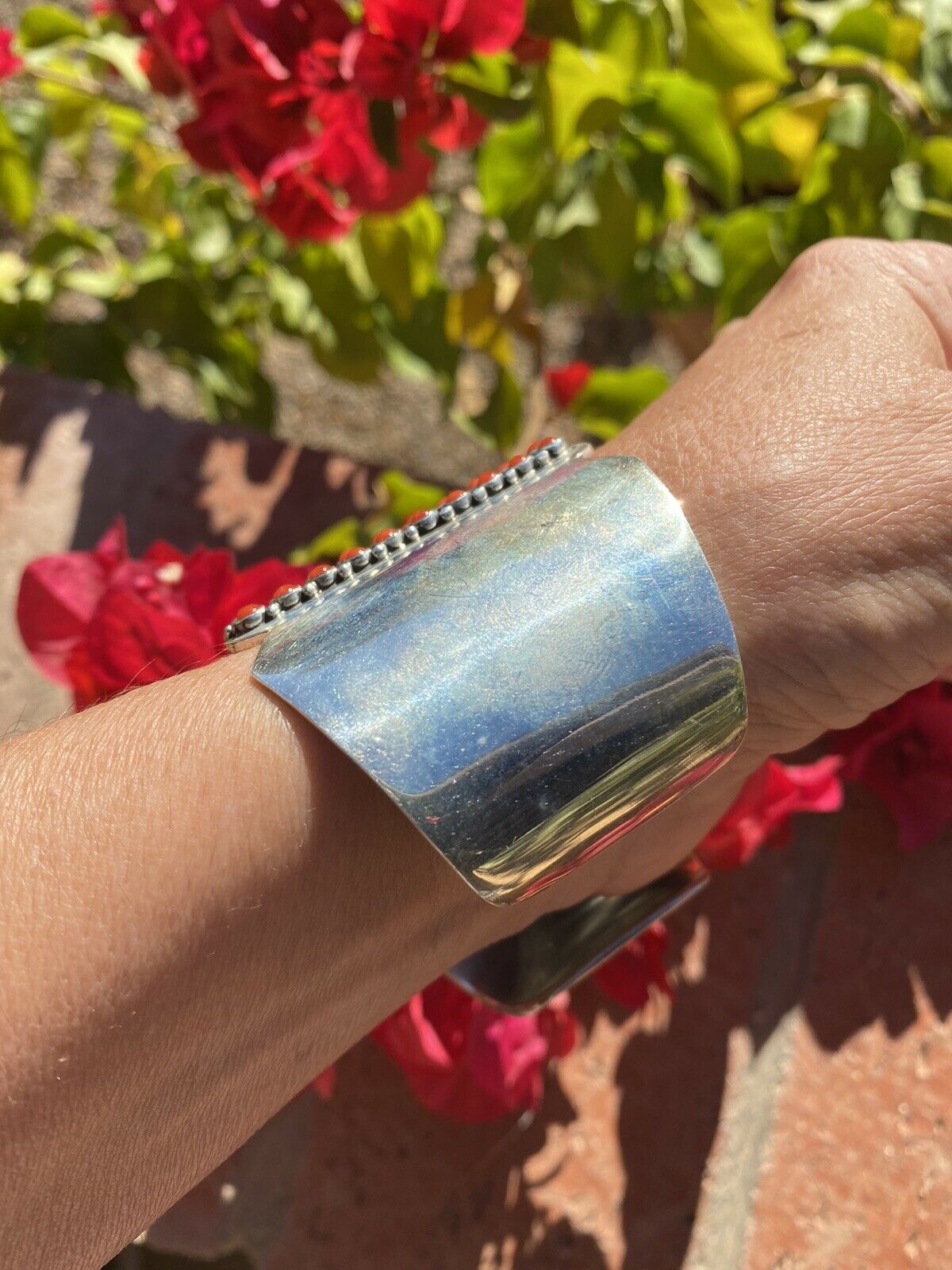 Navajo Natural Coral & Sterling Silver Cuff Bracelet By Paul Livingston /