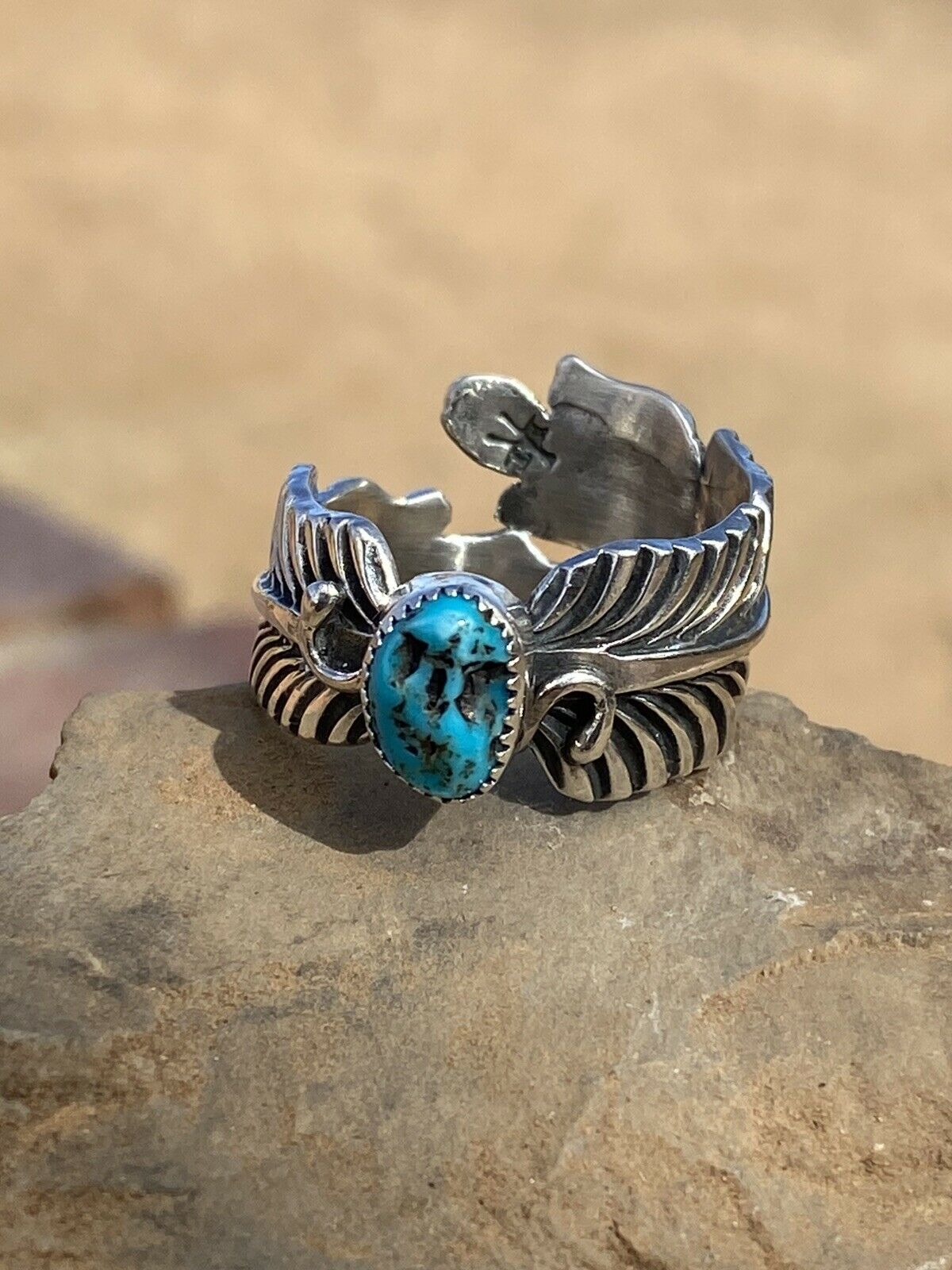 Handcrafted Feather Turquoise And Sterling Silver Adjustable Ring