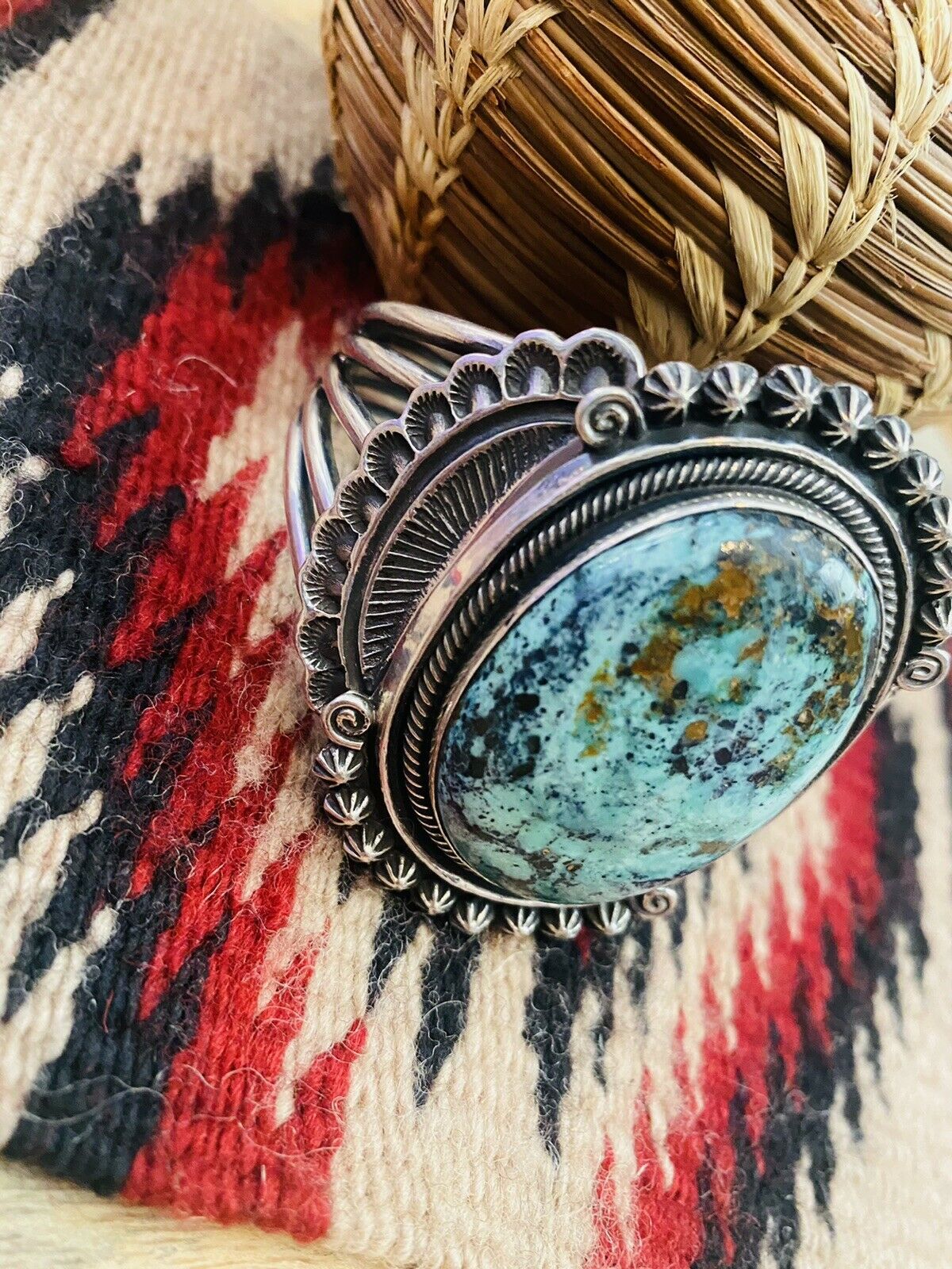 Handcrafted Vintage Turquoise & Sterling Silver Cuff Bracelet By Leon Martinez