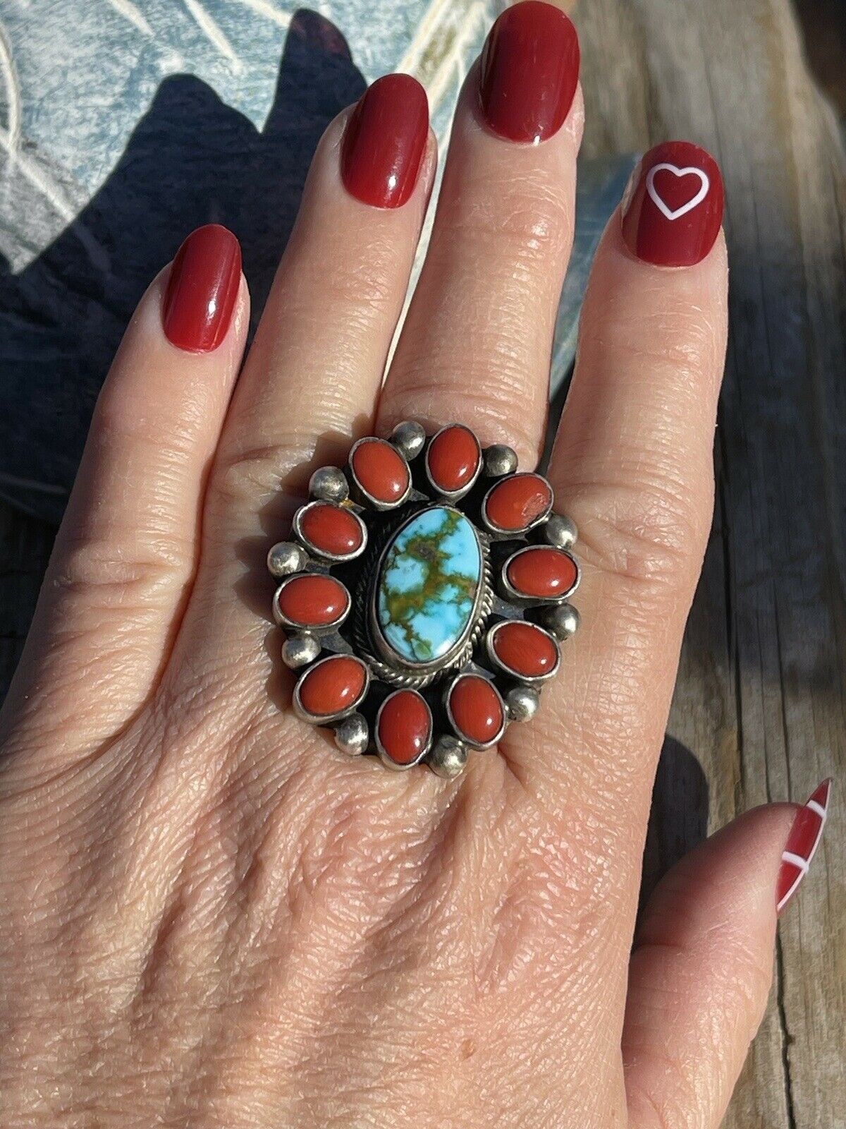 Handcrafted Sterling Silver Kingman Web Turquoise & Red Coral Taos Ring Sz 7