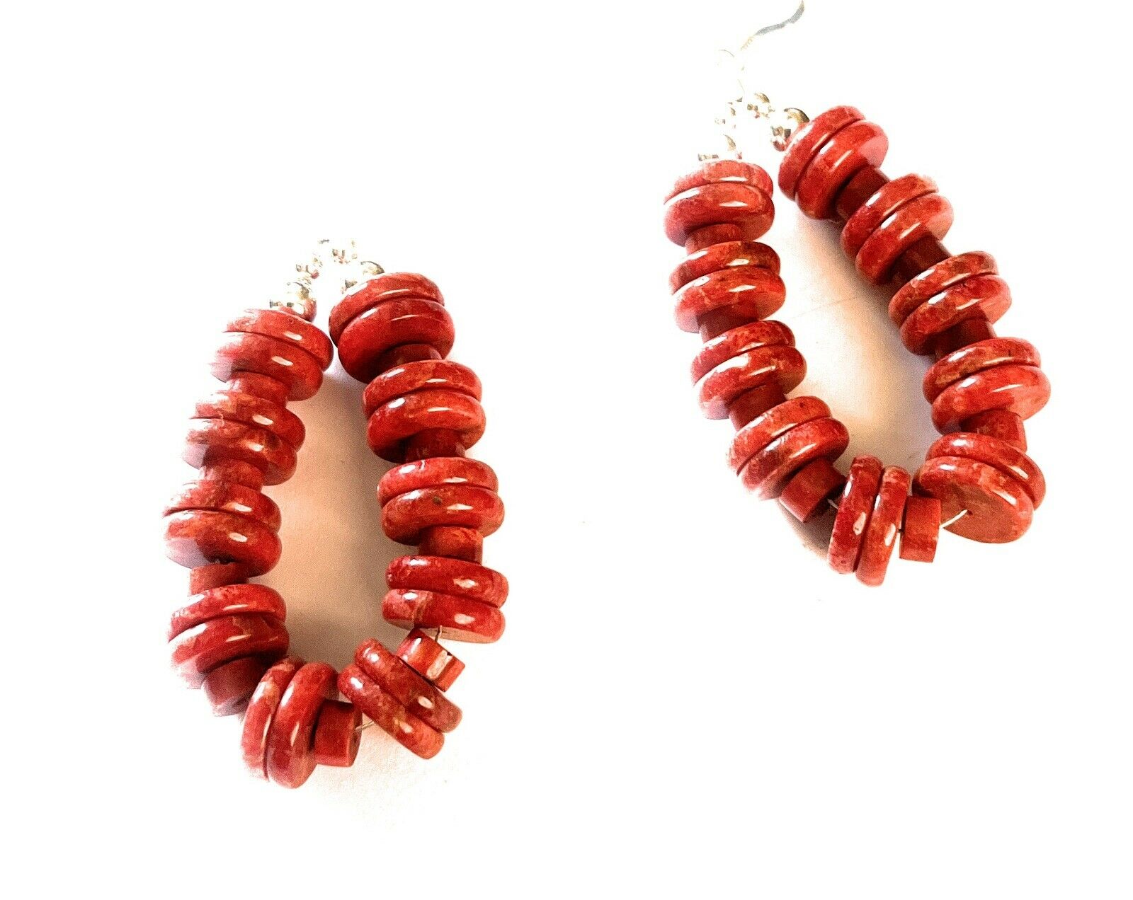 Handcrafted Sterling Silver Double Bead Apple Coral Dangle Hoop Earrings