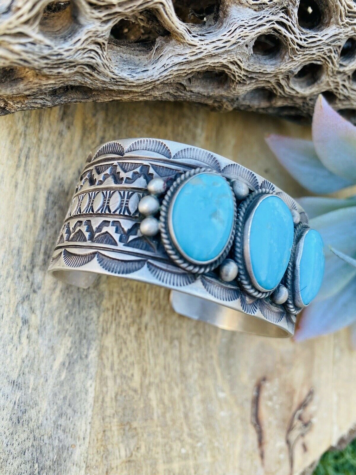 Handcrafted Vintage Turquoise & Sterling Silver Hand Stamped Cuff Bracelet /